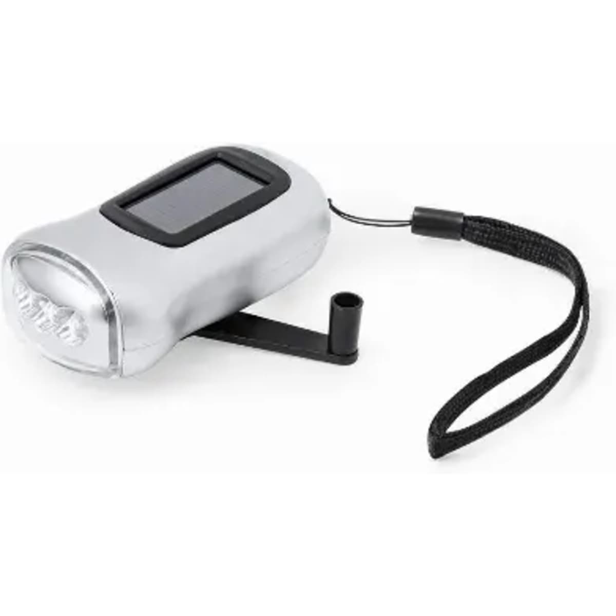 A silver multifunctional flashlight with a solar panel and a wrist strap. It features a display screen and stands.
