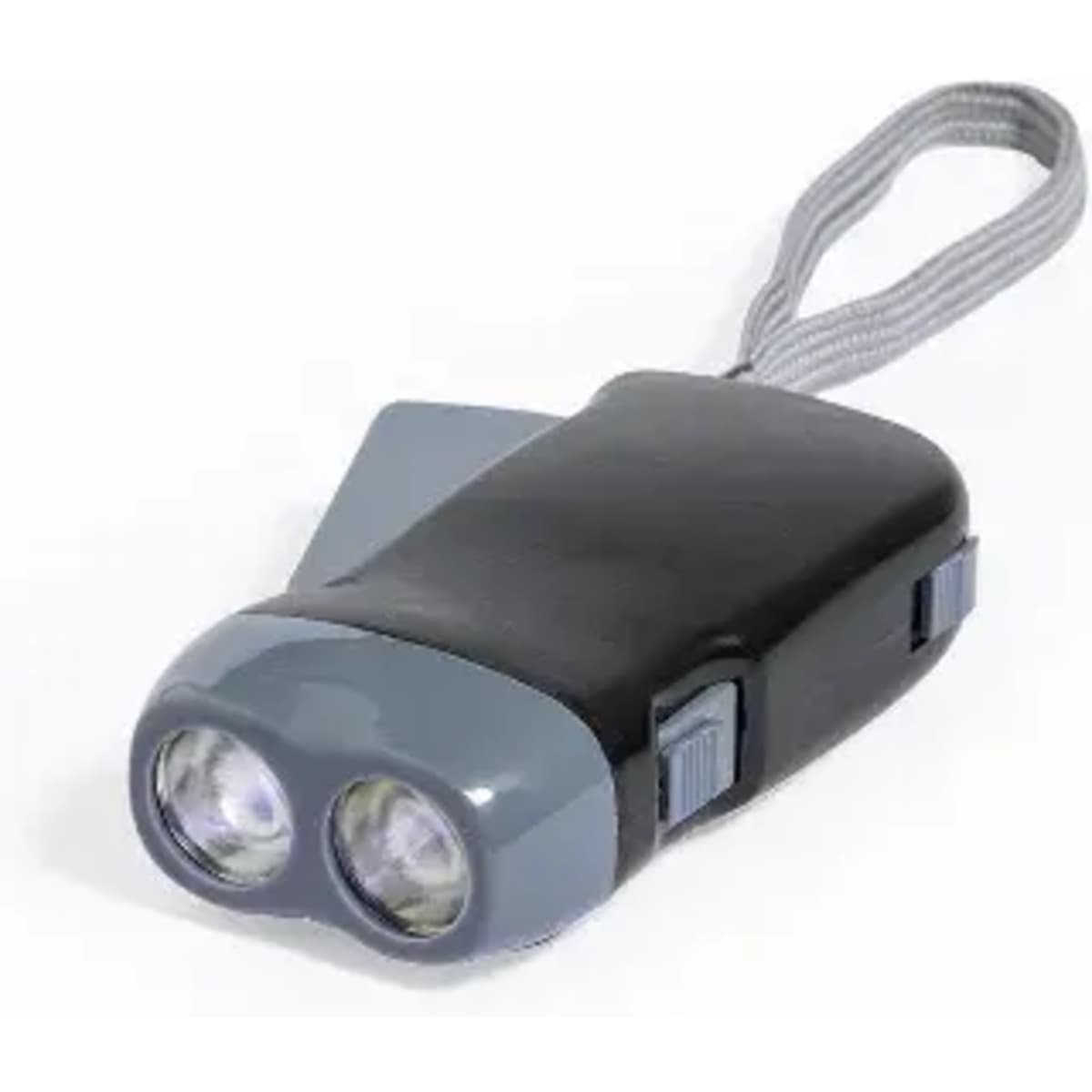 A dual-beam flashlight in black and grey with a wrist strap and an on/off switch.