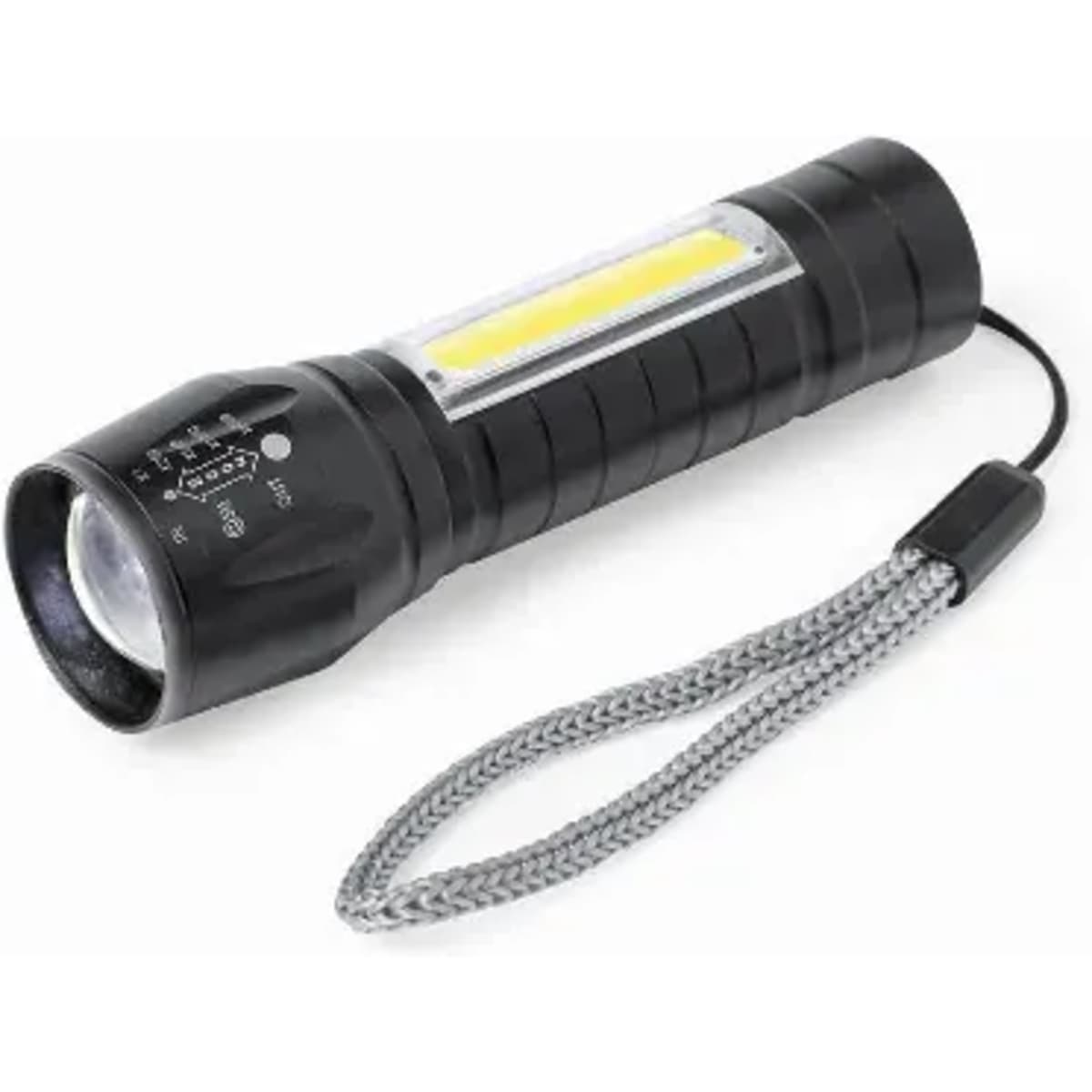 A black flashlight with a rubber grip and a strap, featuring a bright LED light and additional side illumination.