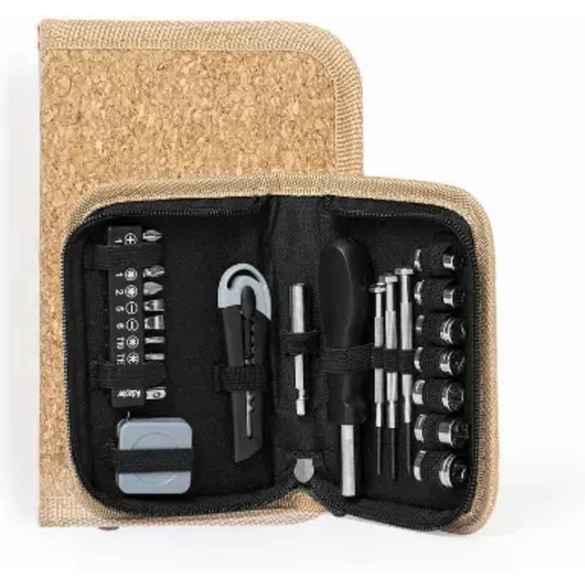 A tool kit featuring various tools and sockets, enclosed in a cork and black fabric case.