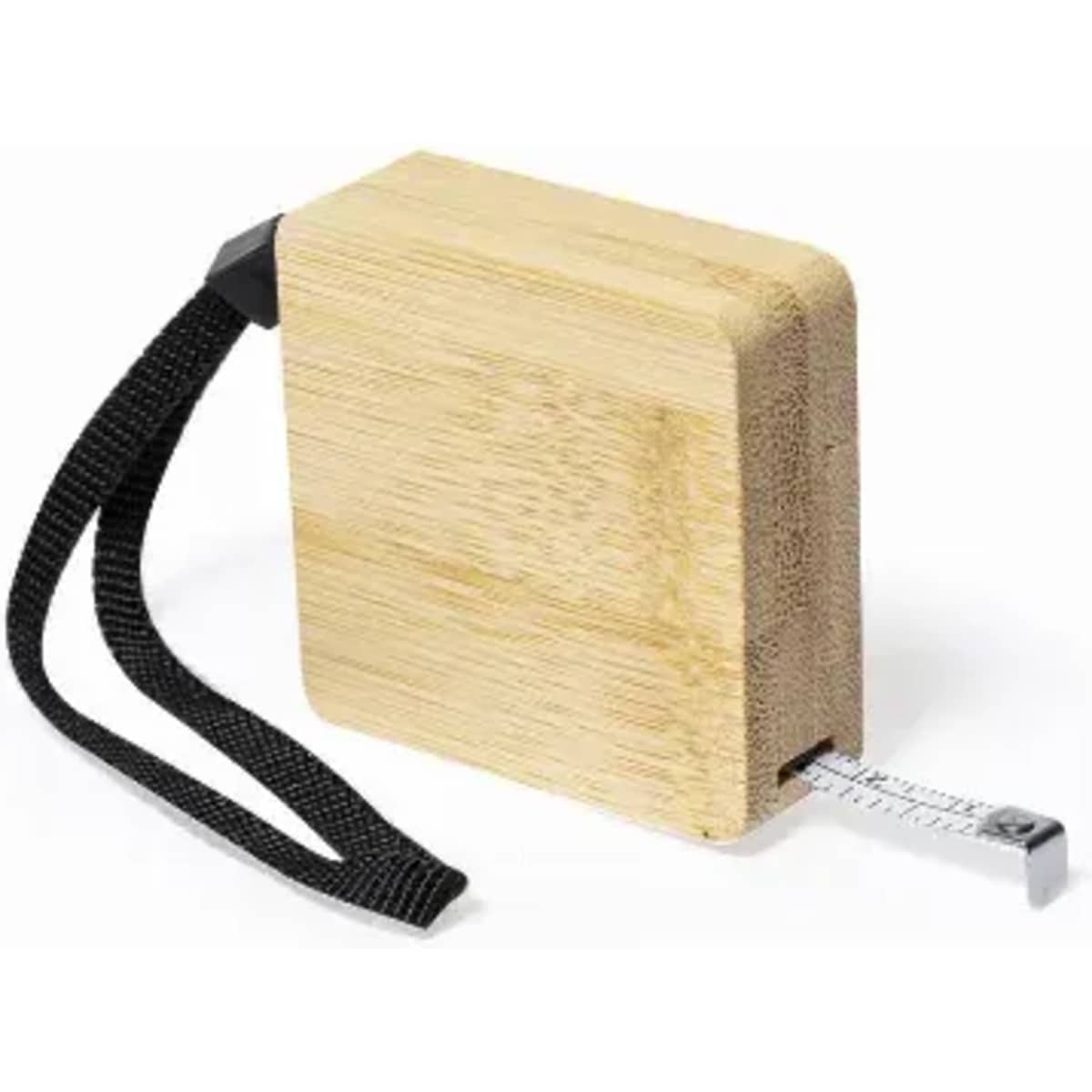 A tape measure with a bamboo casing, featuring a black strap and a white measuring tape. It has a branding logo.