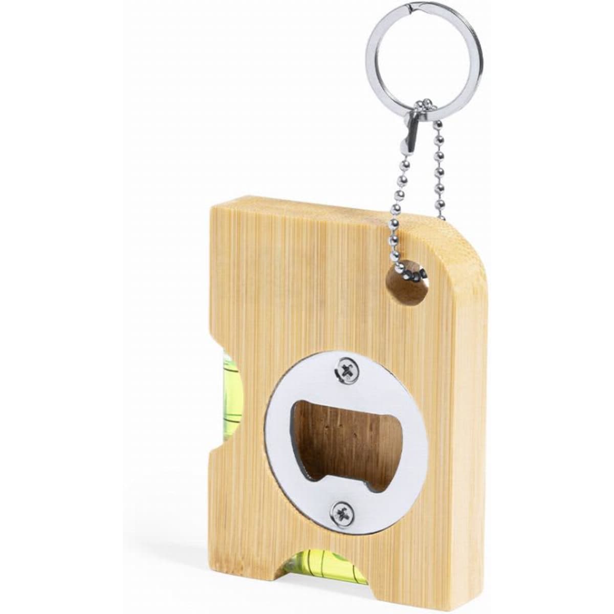 A bamboo bottle opener with a green spirit level and a keychain attachment. It features a silver opener insert.