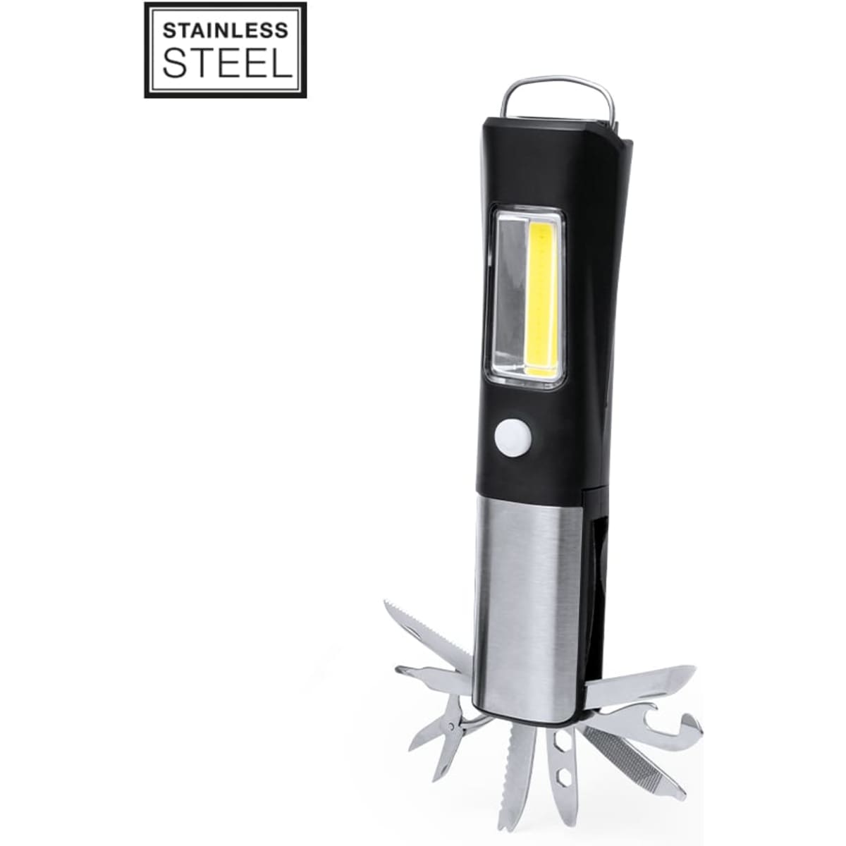 A multi-tool featuring stainless steel components, a LED light, and various tools in a sleek black design.