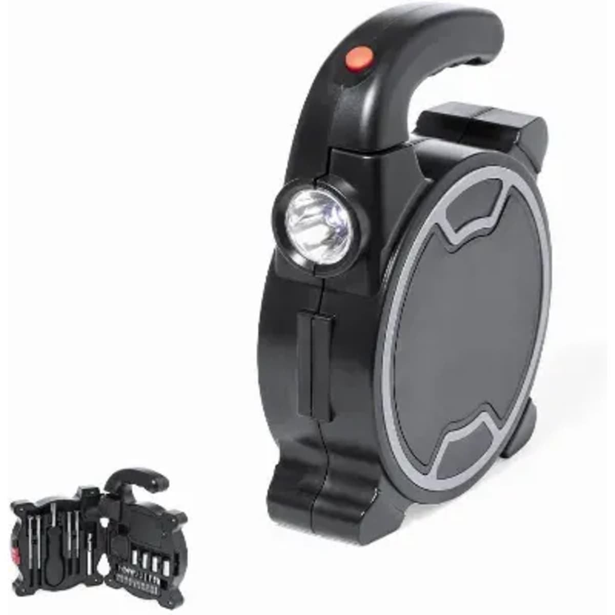 A multi-tool gadget with a black exterior, featuring a handle and a built-in light. It has a compact design and tools hidden inside.