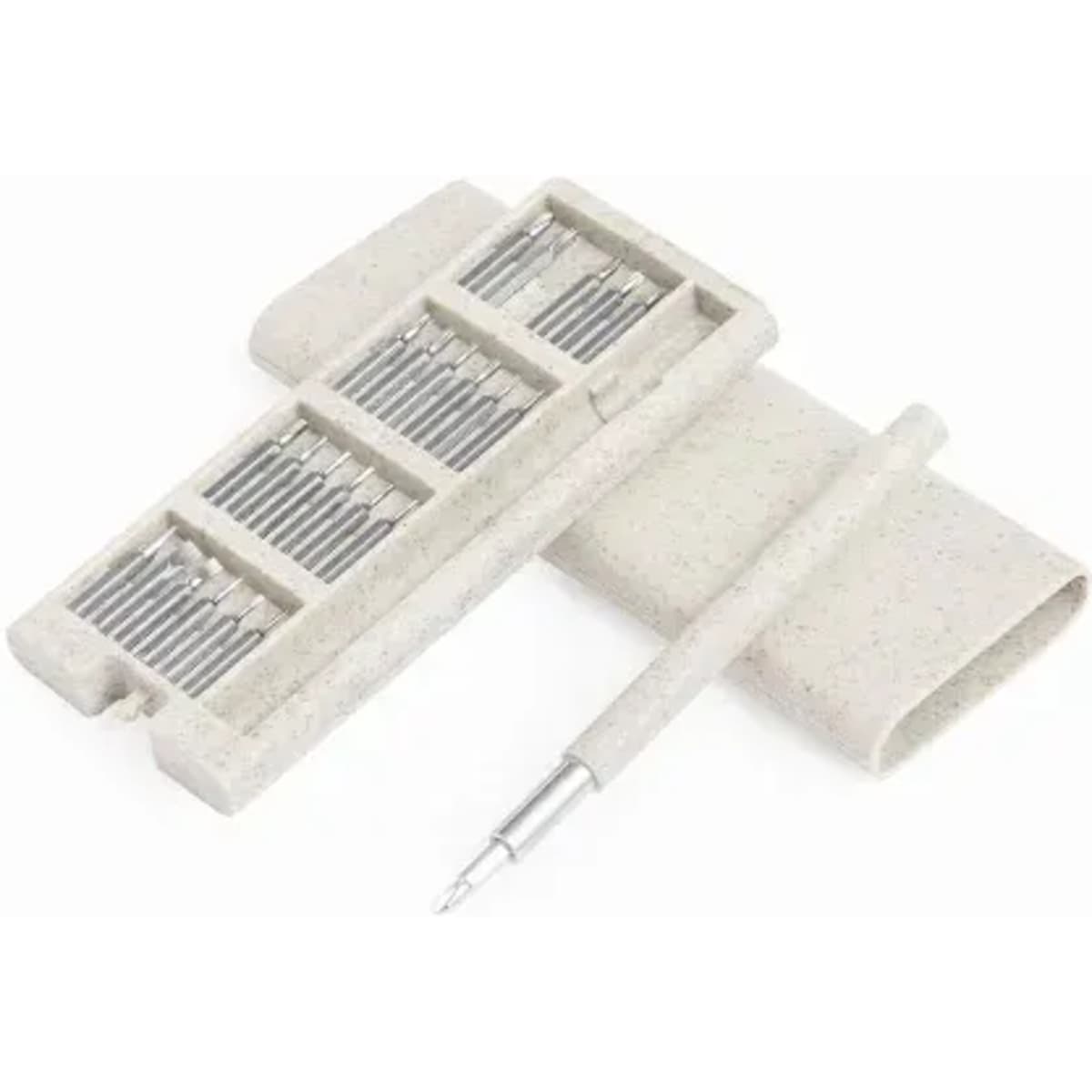 A set of silver drill bits housed in a grey case, featuring a matching handled tool beside them.