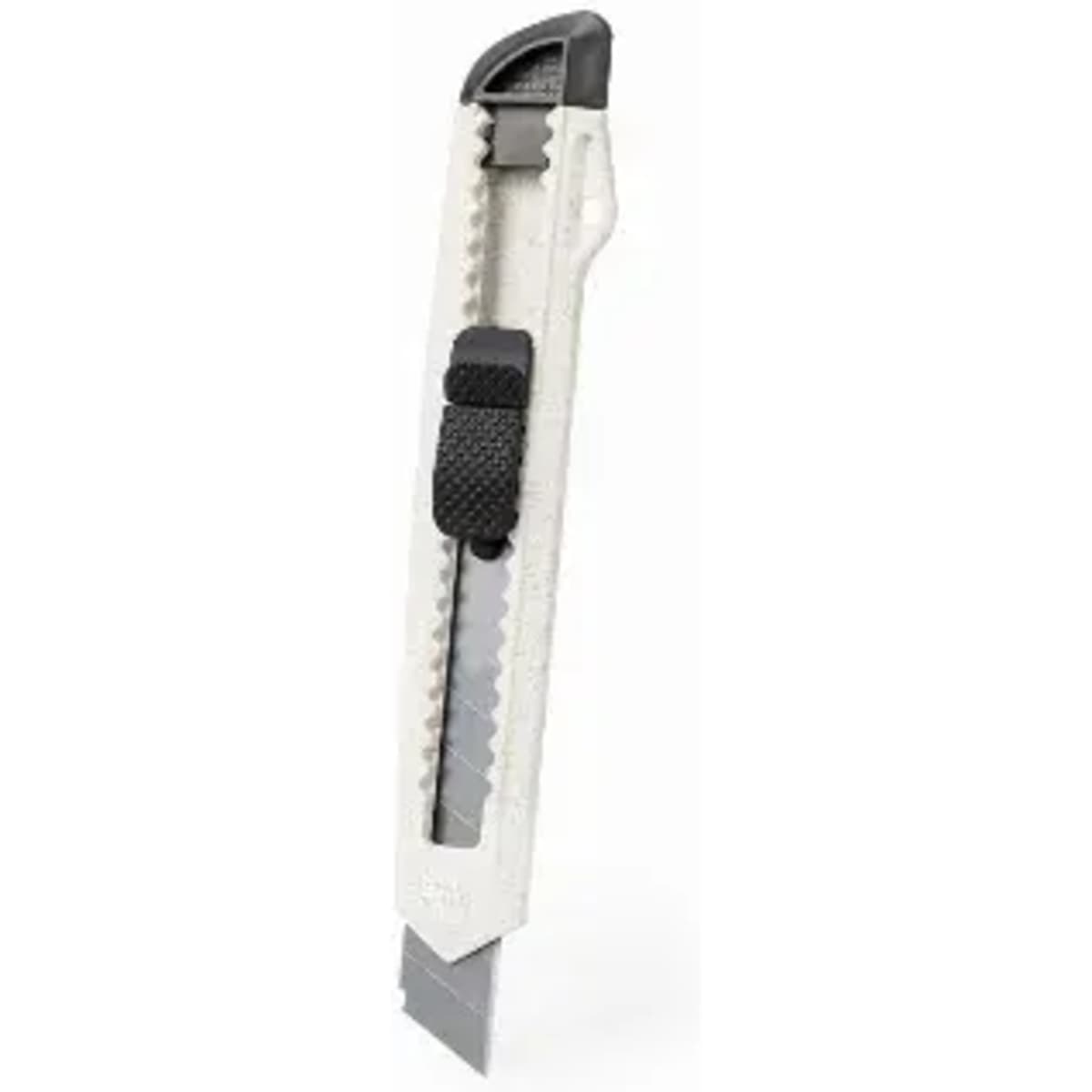 A utility knife with a grey and black design, featuring a retractable blade and an ergonomic grip.