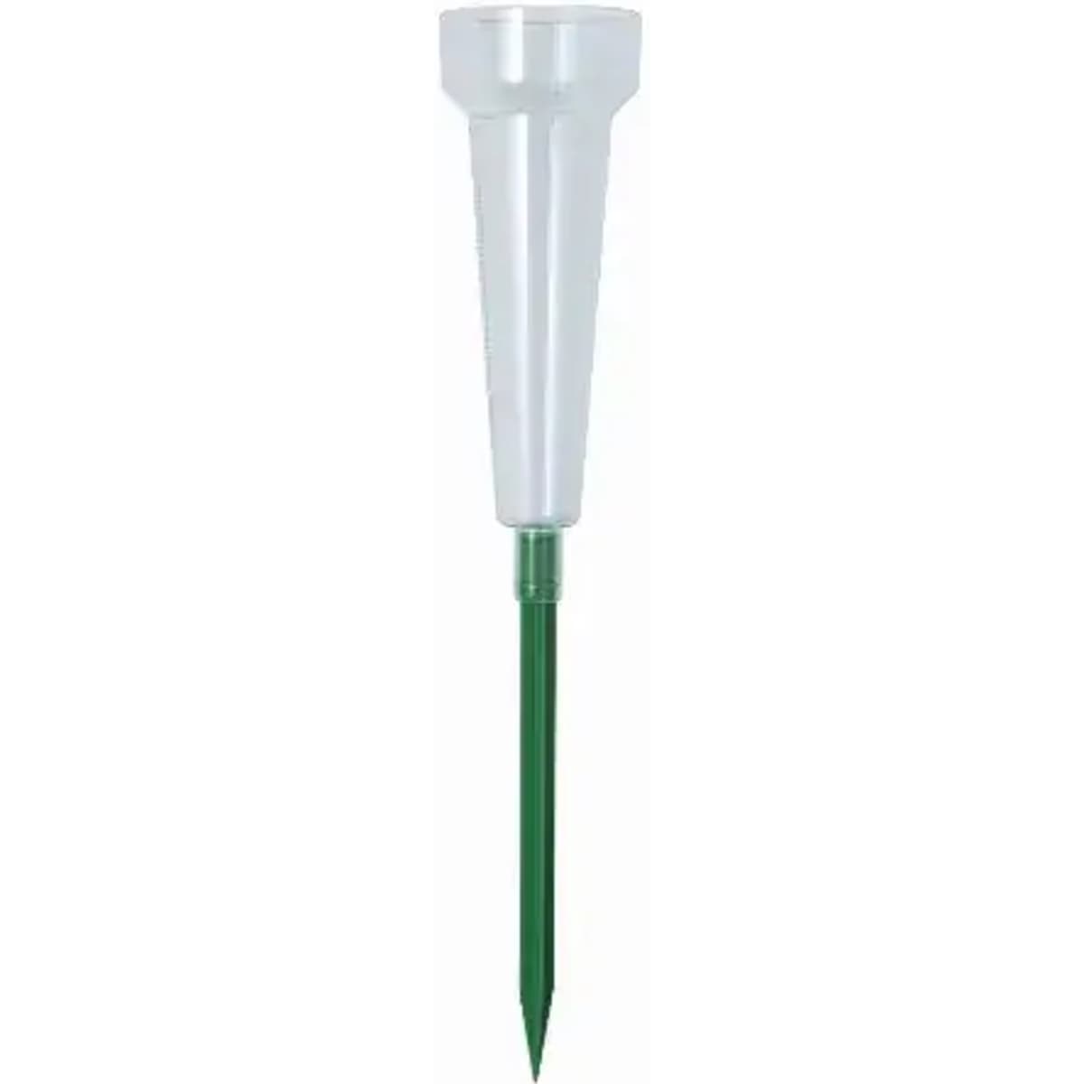 A rain gauge with a transparent top and a green stake, designed for outdoor use.