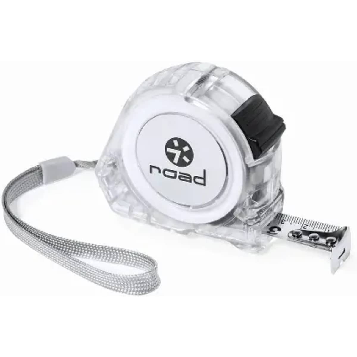 A measuring tape in a clear casing with a black strap and a logo on the front. It features a metal measuring blade.
