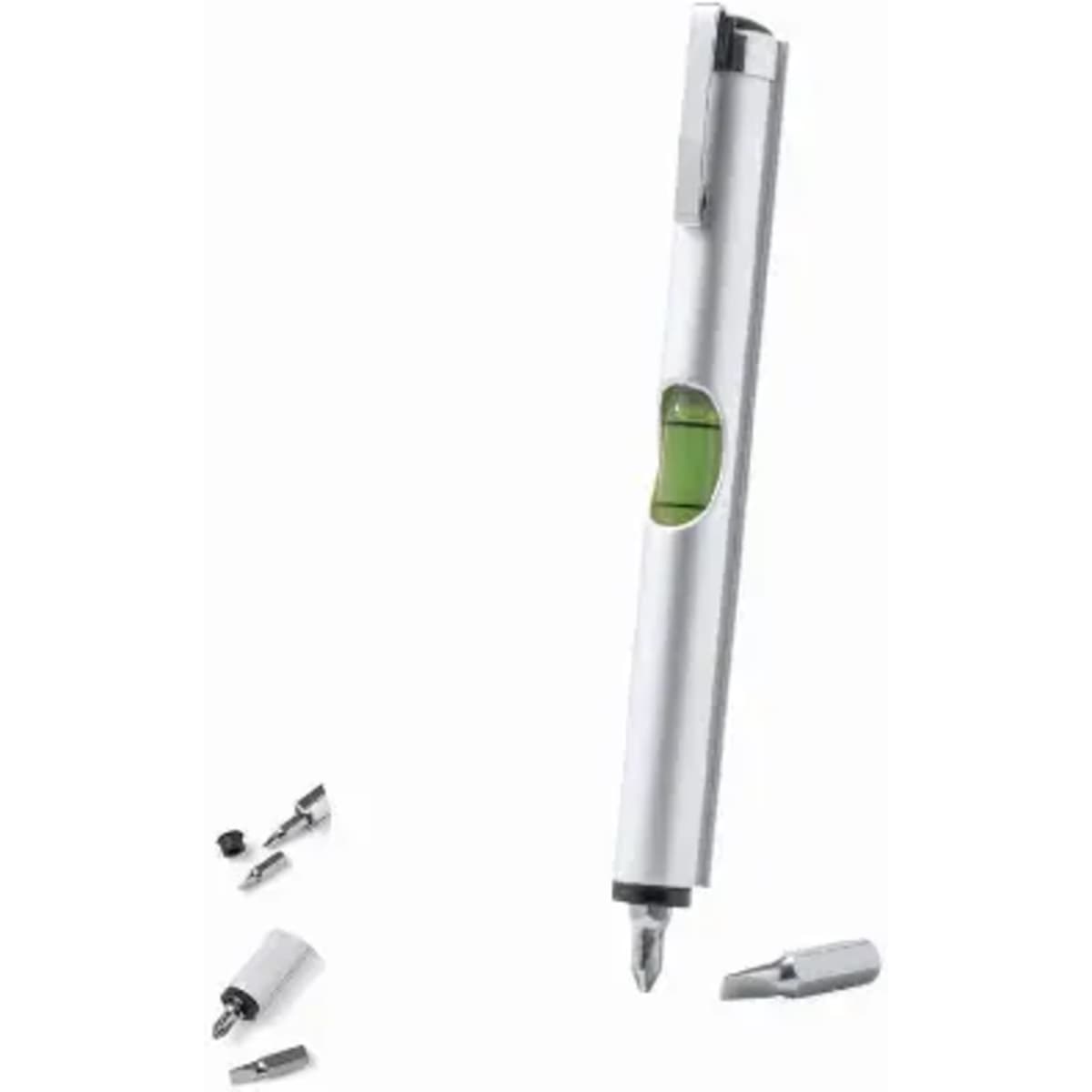 A silver multi-tool pen with interchangeable bits and a built-in spirit level. Includes three metal attachments.