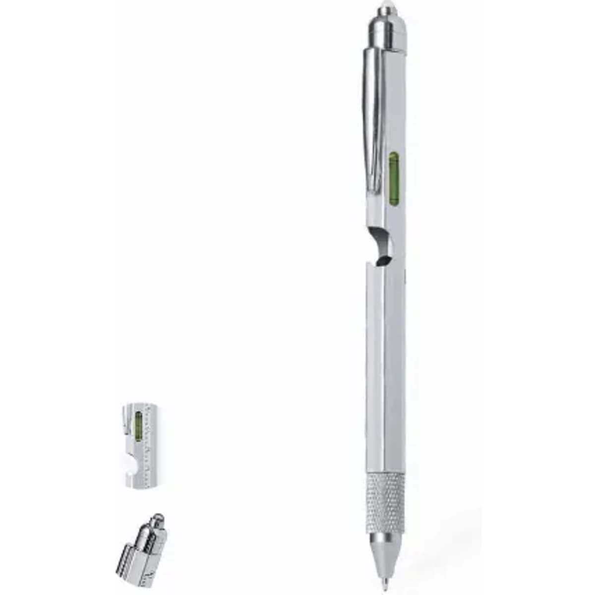 A silver multi-tool pen featuring a level, a screwdriver, and a retractable ballpoint tip.