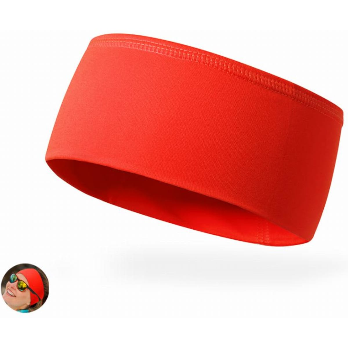 A red headband with a smooth texture. The product includes a logo on its side.