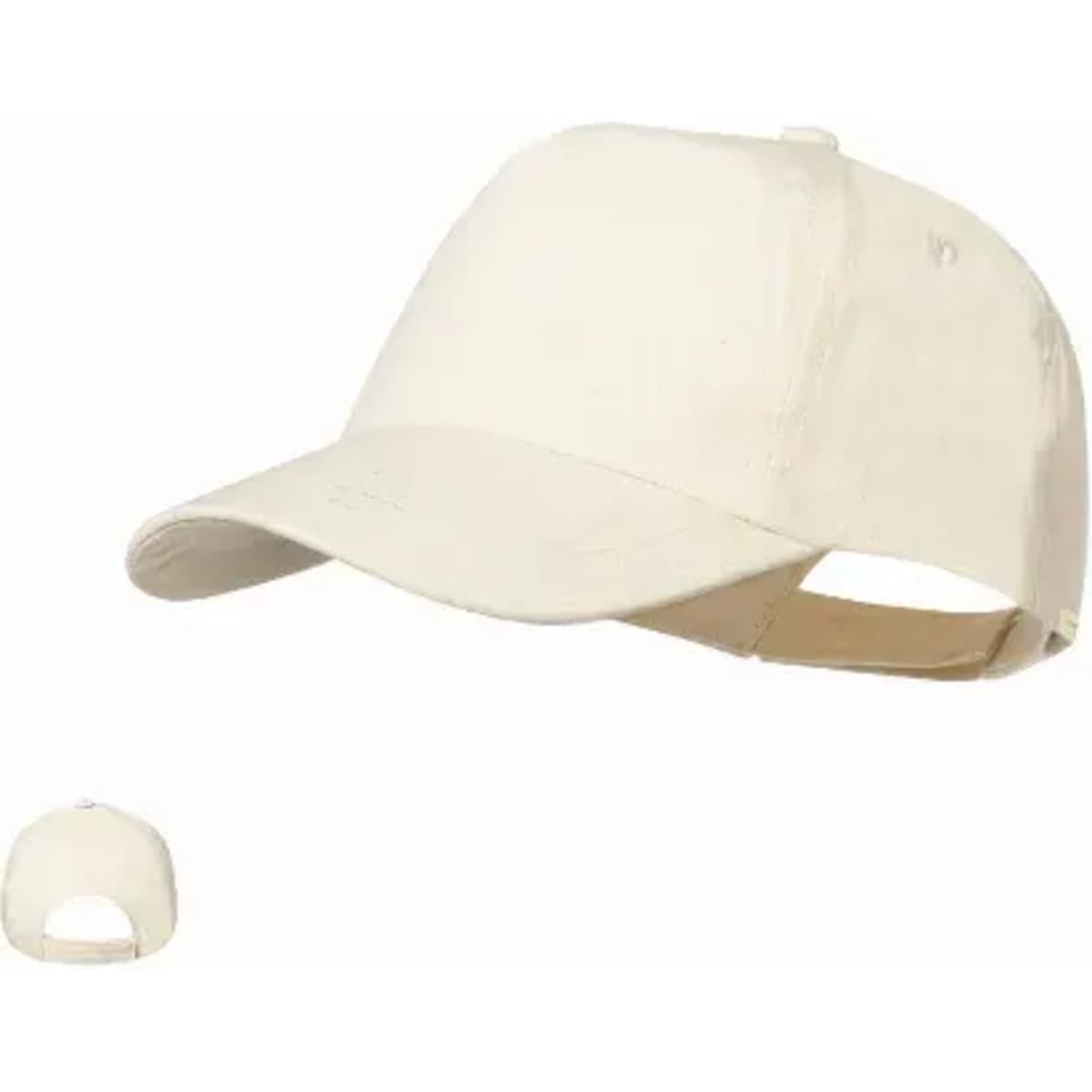 A cap in a light cream colour with a curved brim and an adjustable strap, featuring a logo on the front.