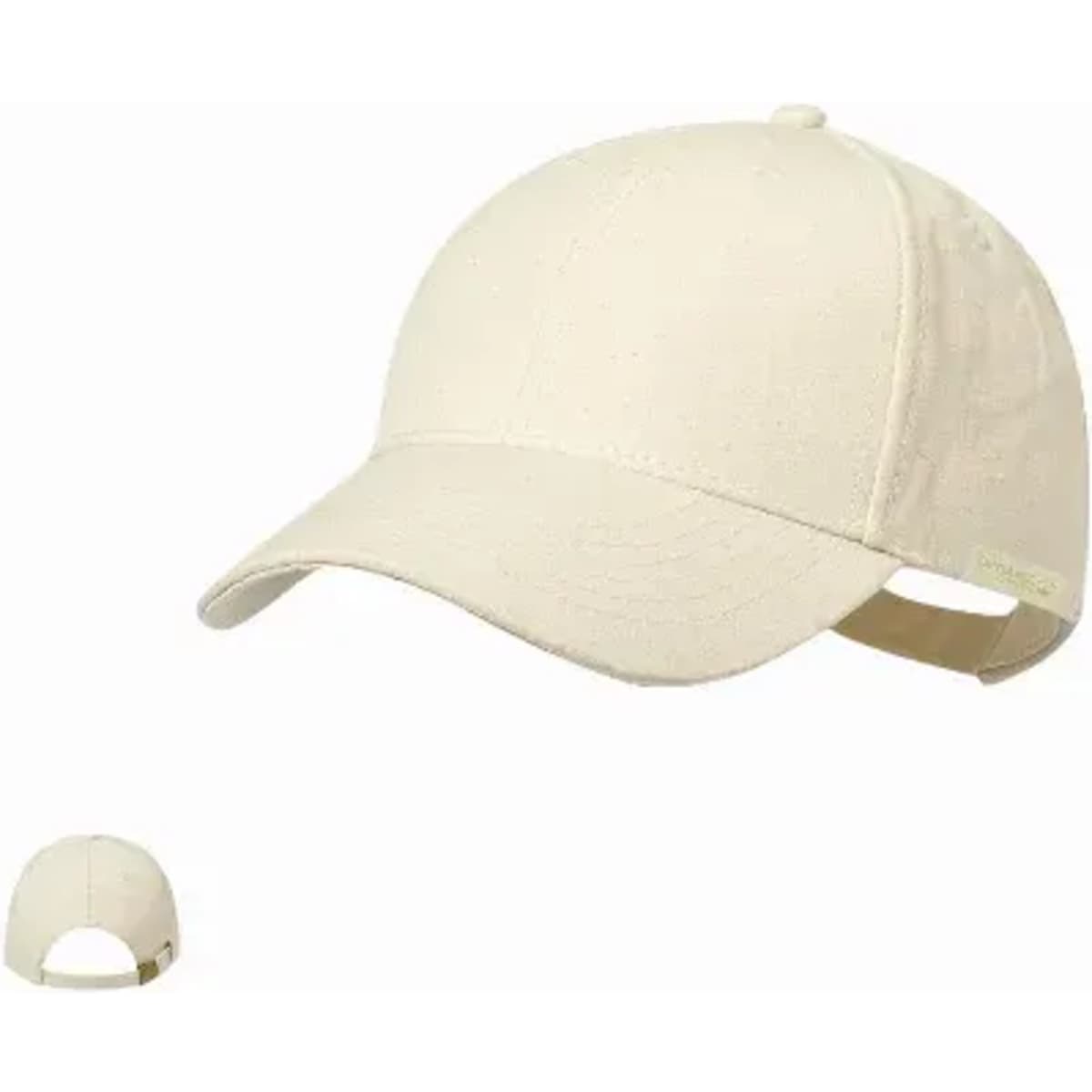 A beige cap with a curved peak and adjustable strap, featuring a small logo.