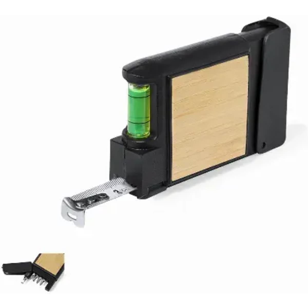 A measuring tape with a wooden finish and a level bubble, featuring a metal tape measure. It has a branding logo.