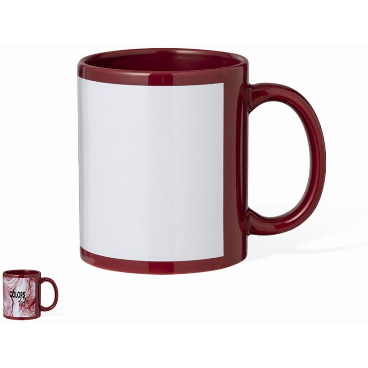 A drink bottle with a maroon exterior and a blank white area, featuring a curved handle.