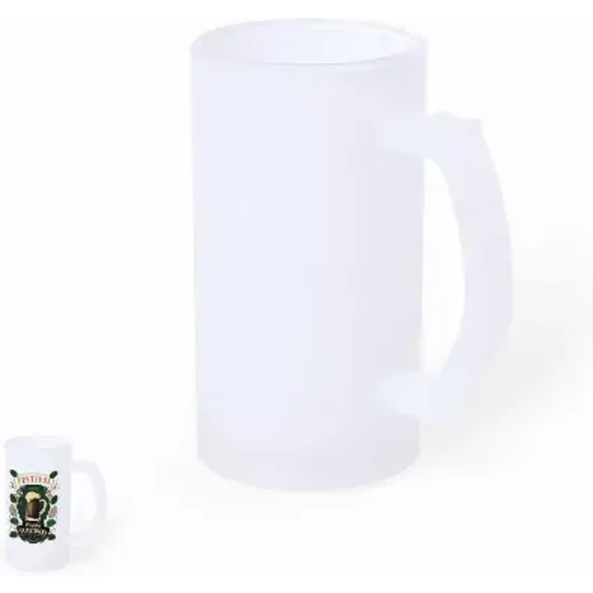 A frosted glass mug with a thick handle, featuring a logo or branding. The mug is clear and has a traditional design.
