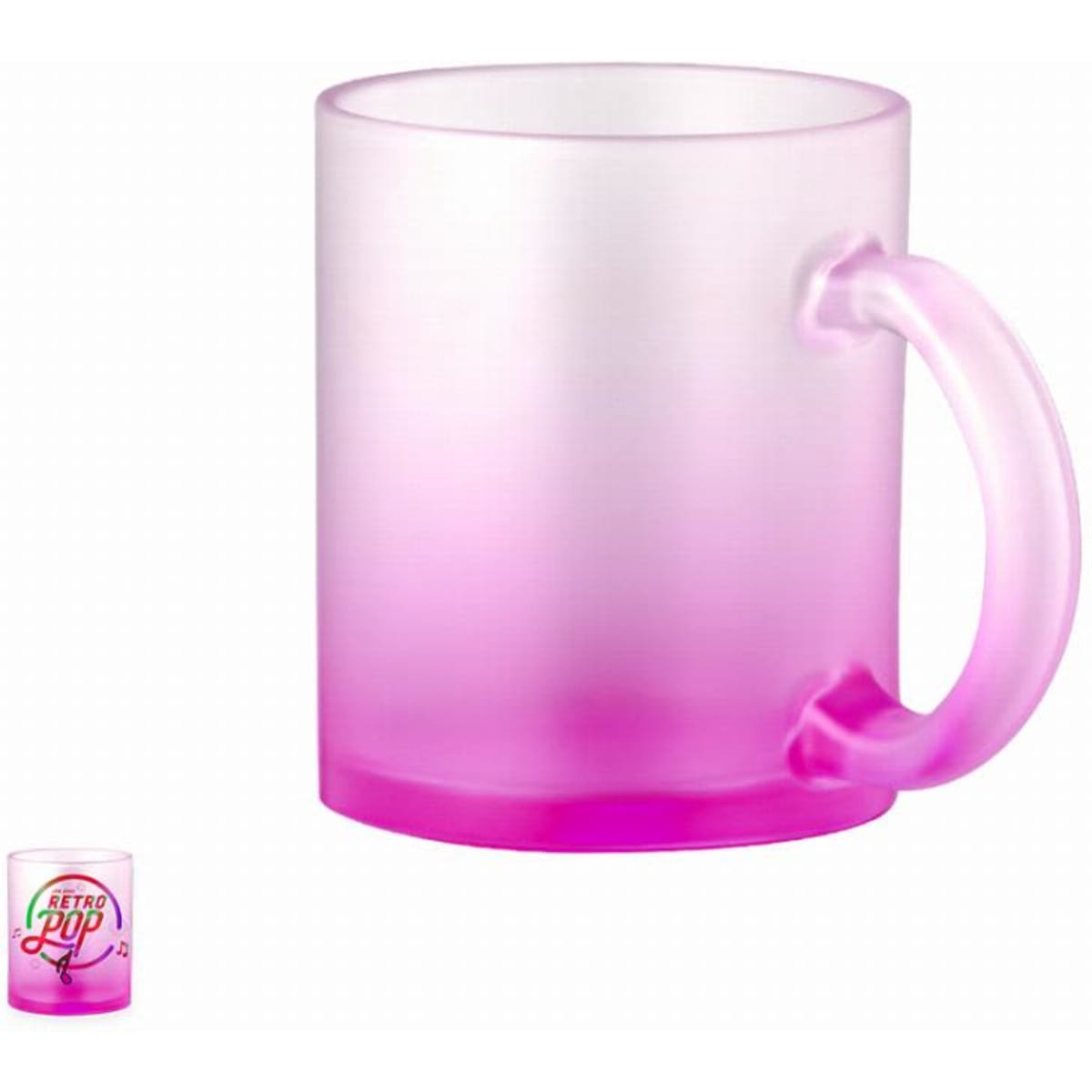A drink bottle in a gradient of pink to white, featuring a handle and a smooth, frosted finish. It includes a logo.