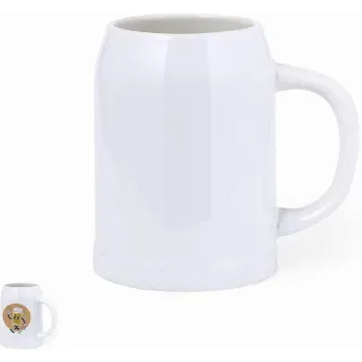 A white ceramic mug with a rounded body and a handle, featuring a logo design on one side.