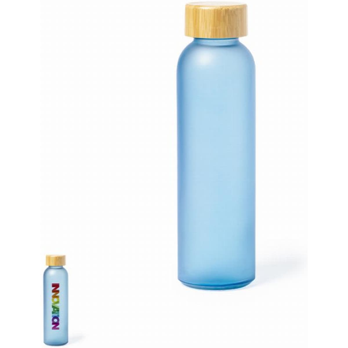 A drink bottle in translucent blue with a wooden lid and a logo on the side.
