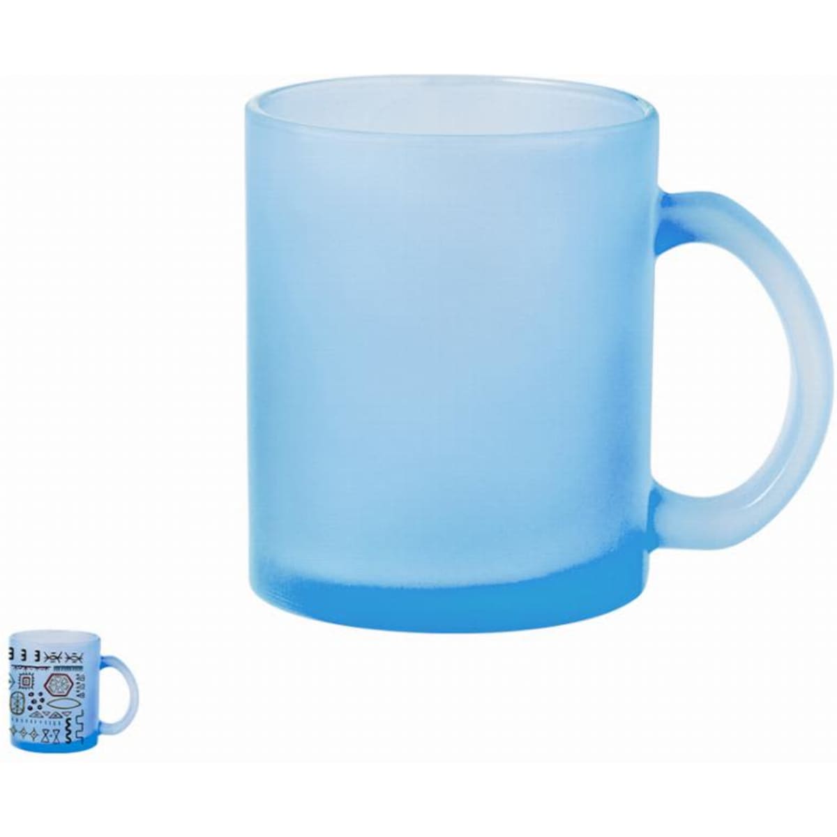 A drink bottle in a frosted light blue colour with a solid blue handle and a logo embossed on the side.