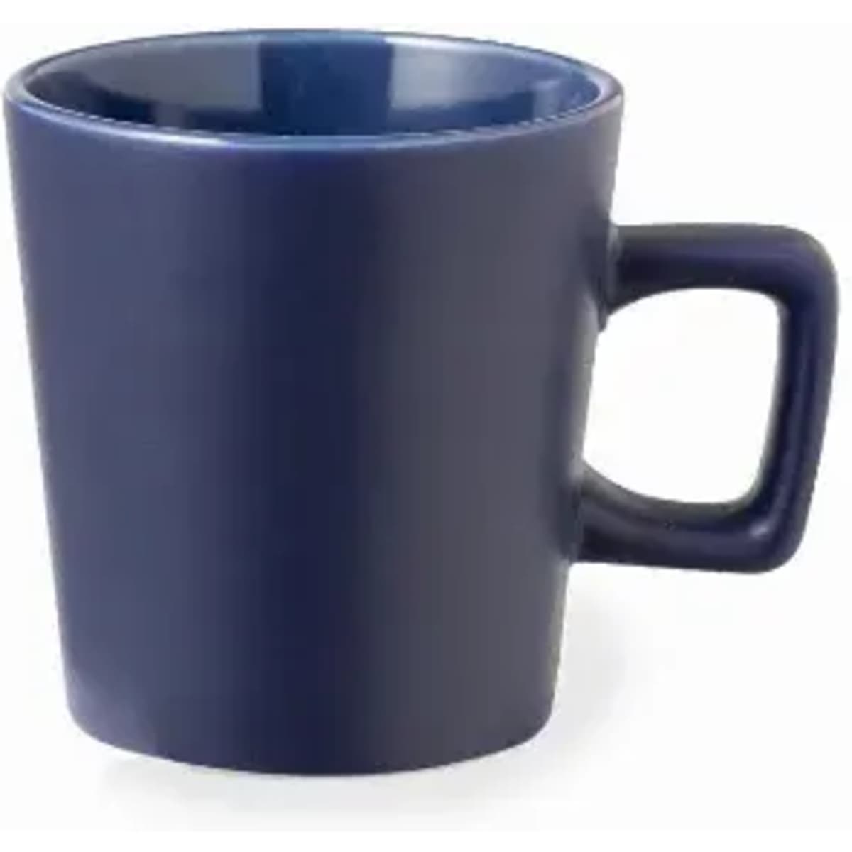 A drink bottle in dark navy blue with a simple handle and a smooth finish. It has a rounded design.