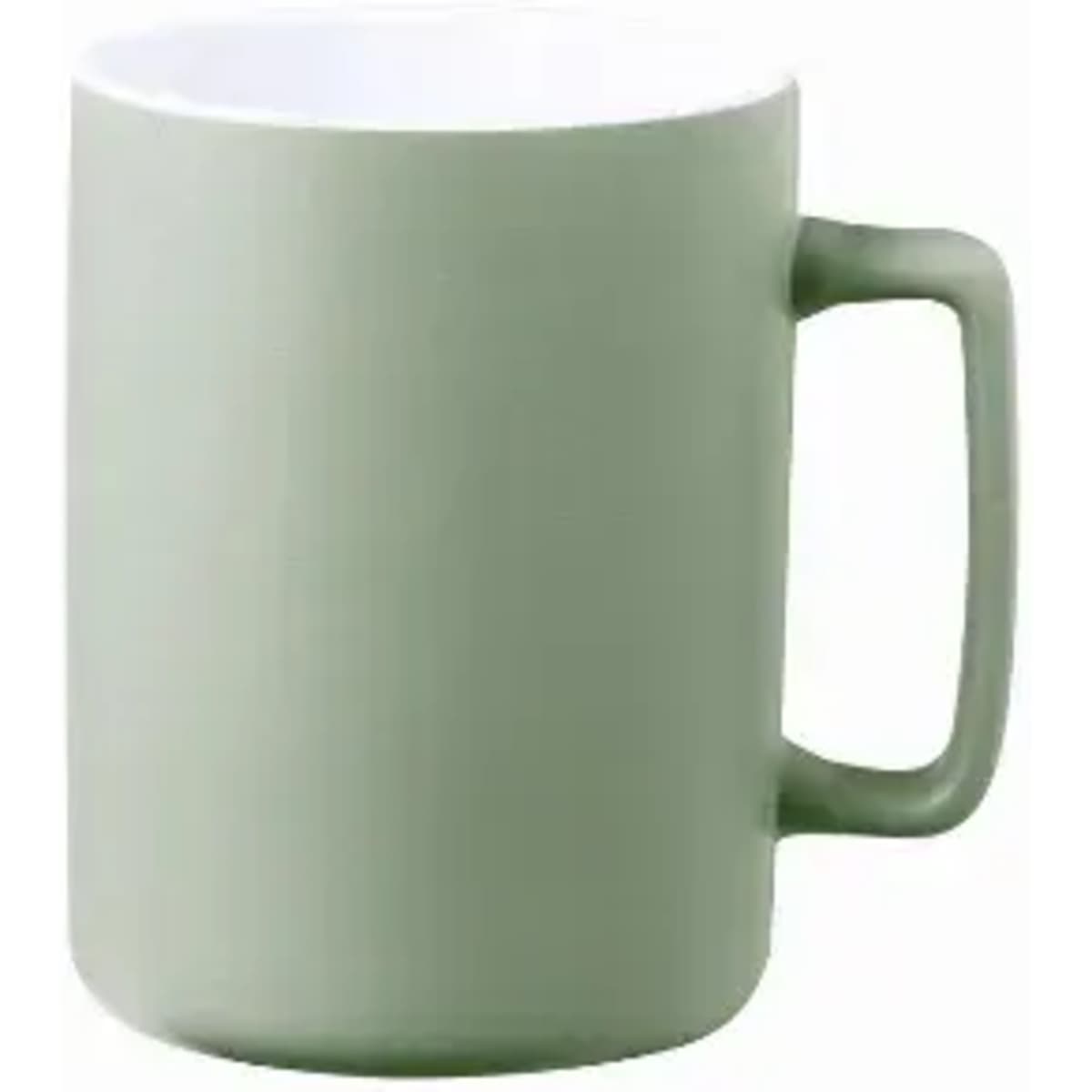 A green mug with a white interior and a sturdy handle. It features a smooth, matte finish.
