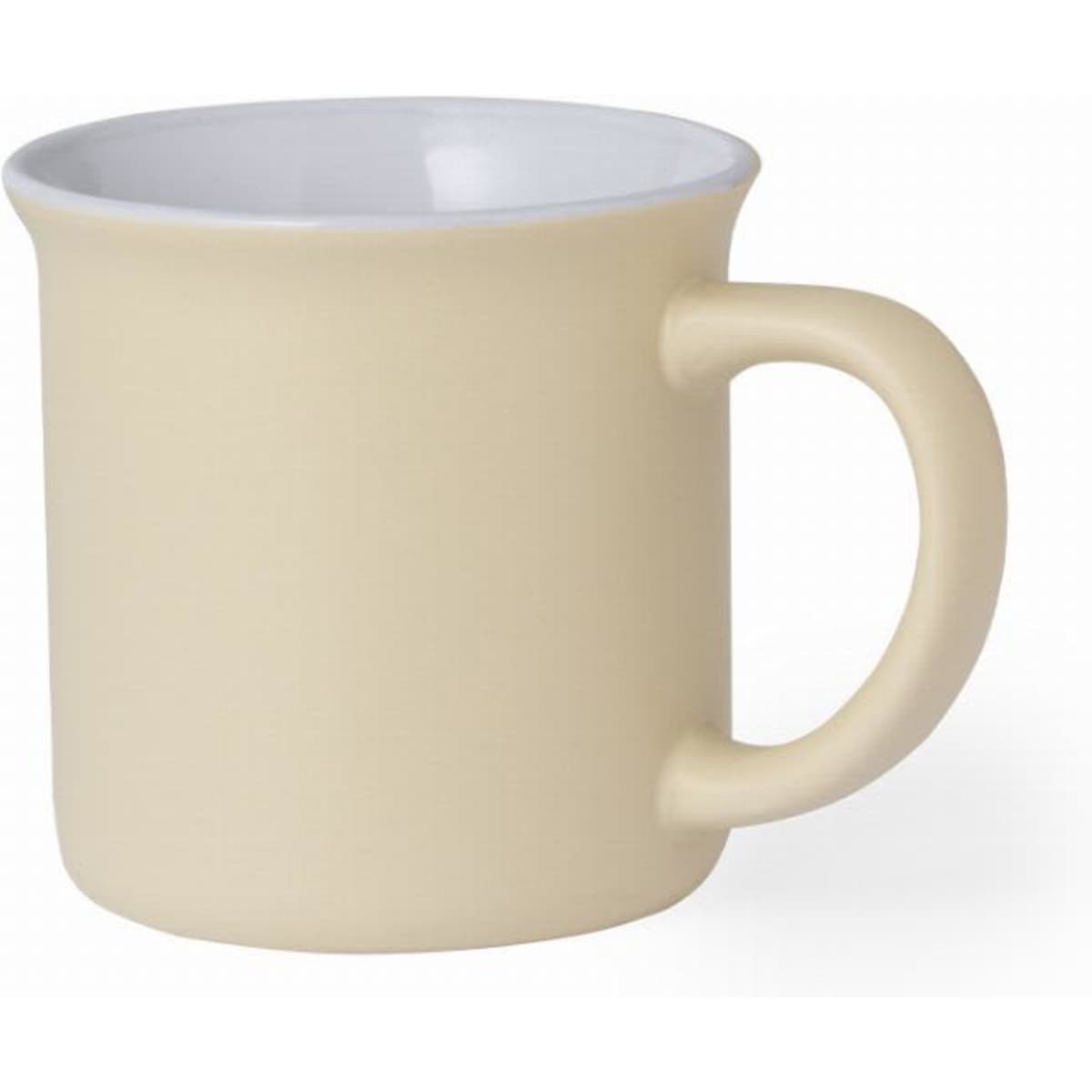 A drink mug in a light beige exterior with a white interior, featuring a handle and a smooth finish.