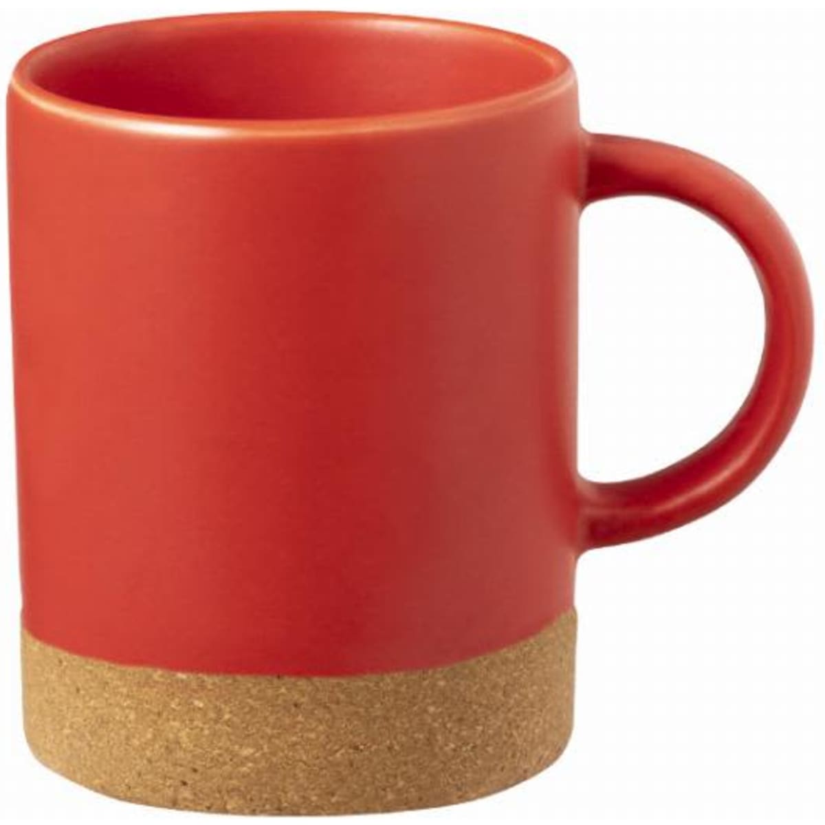 A red ceramic mug with a cork base, featuring a simple design and a comfortable handle.