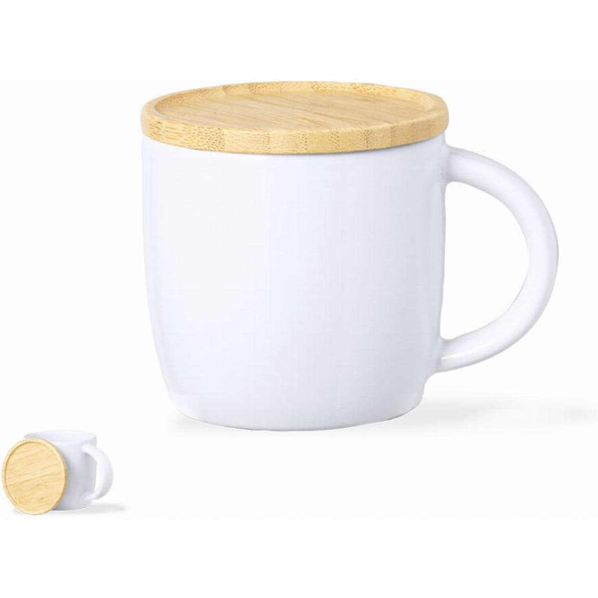 A white ceramic mug with a wooden lid, featuring a curved handle and a sleek design.