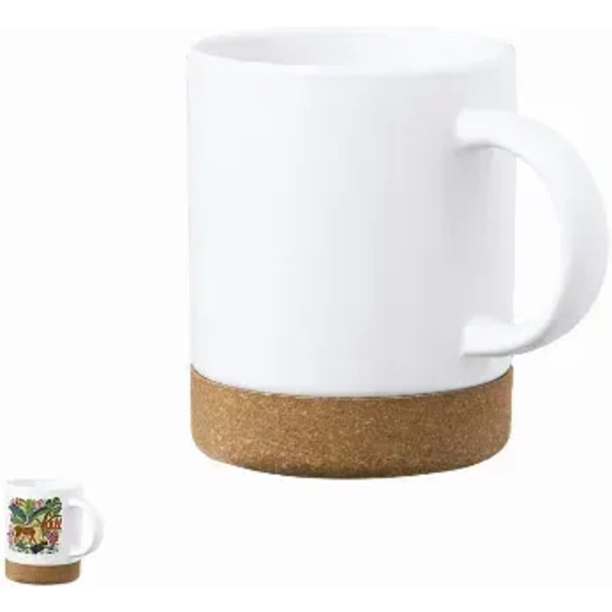 A drink bottle featuring a white mug with a cork base and a graphic design on the lower portion.