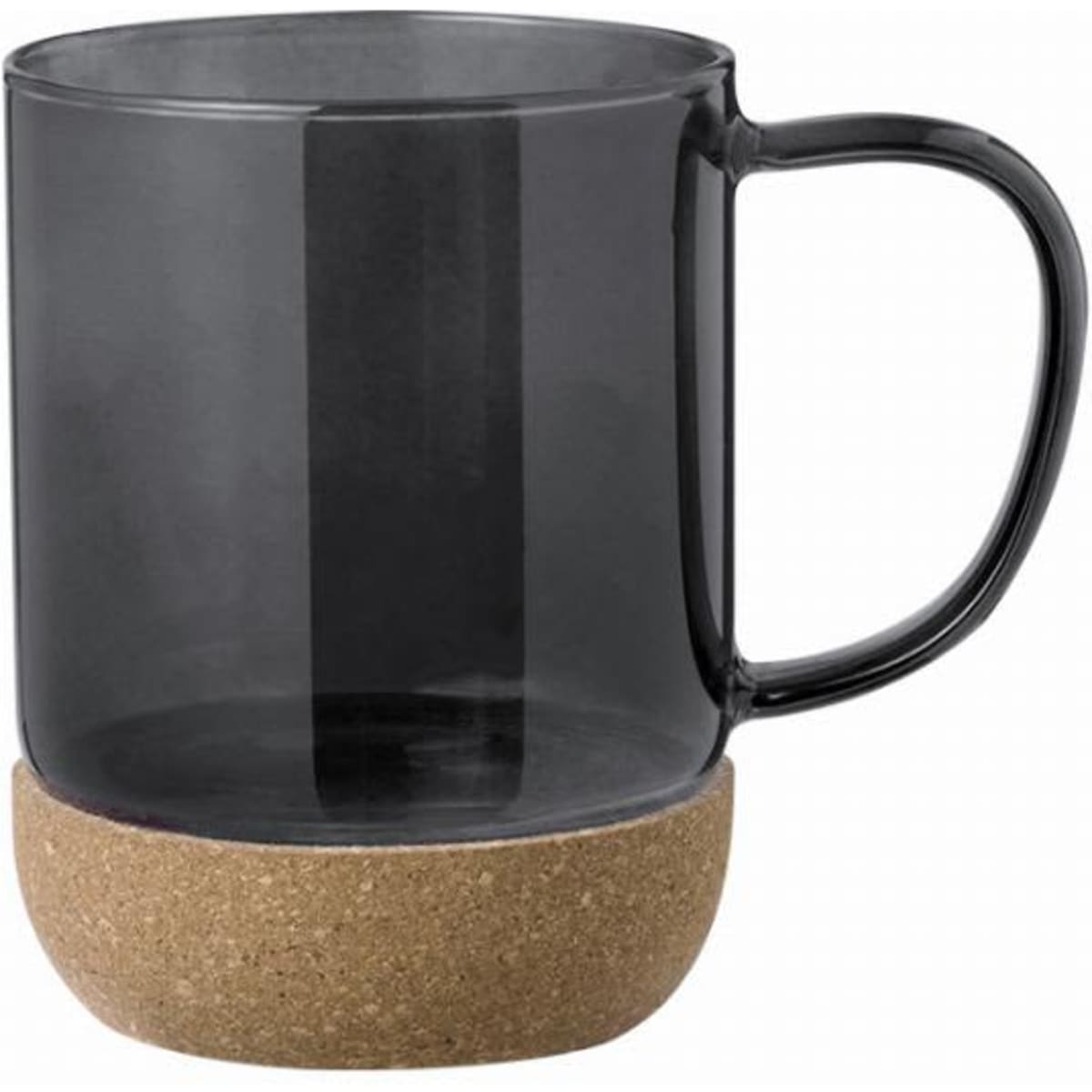 A drink bottle with a clear glass body and a cork base, featuring a sturdy handle.