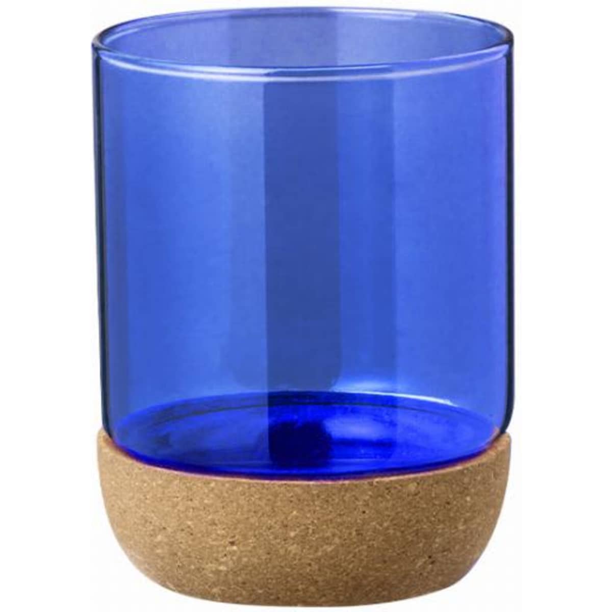 A drink bottle with a transparent blue upper section and a cork base, featuring a simple design.