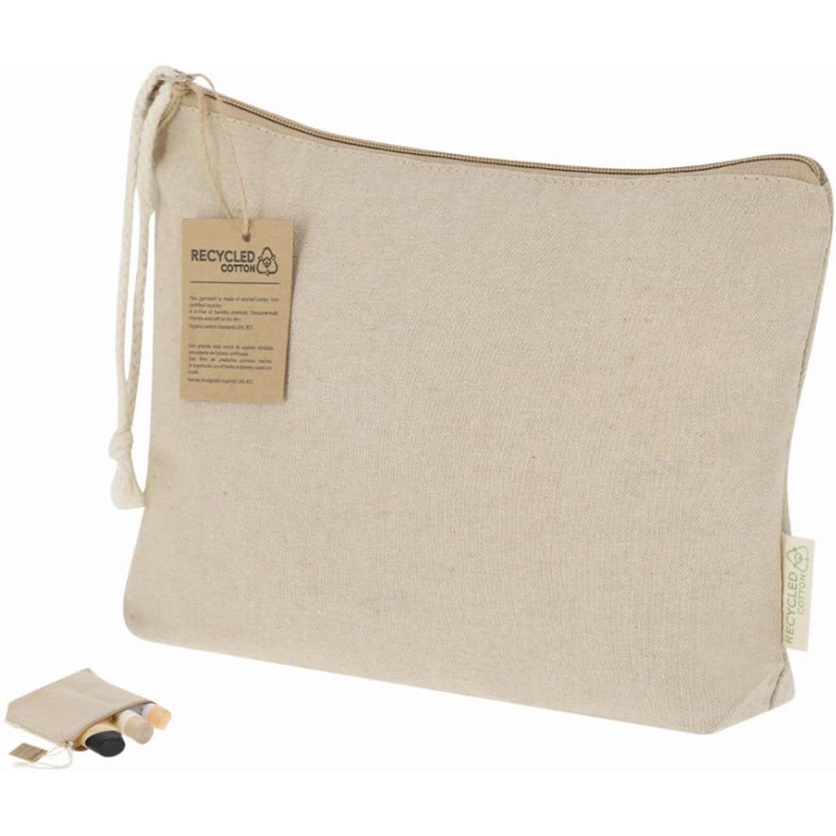 A beige pouch made from recycled material, featuring a zipper and a tag. Contains small cosmetic items beside it.