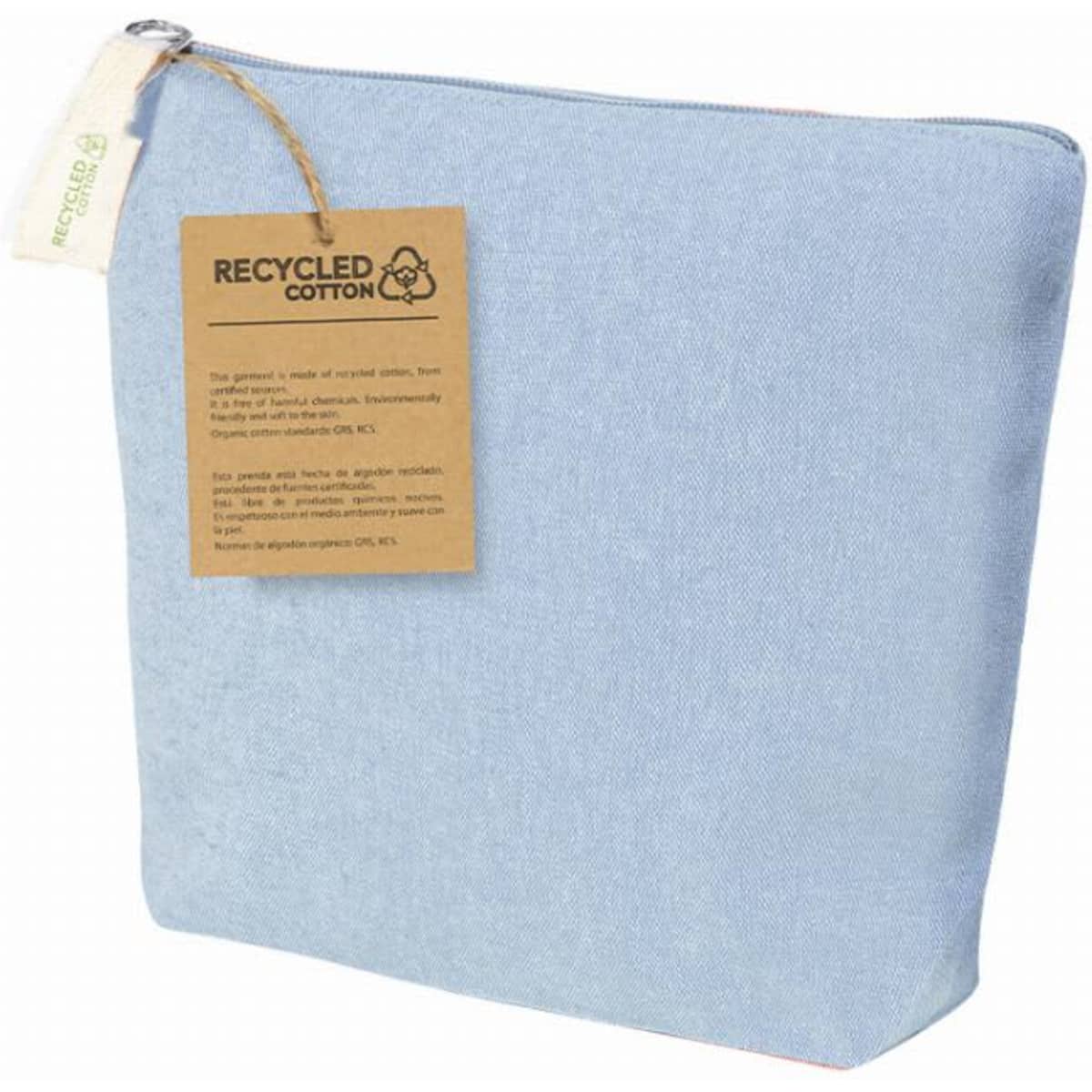 A blue pouch made from recycled cotton, featuring a tag for eco-friendly branding.