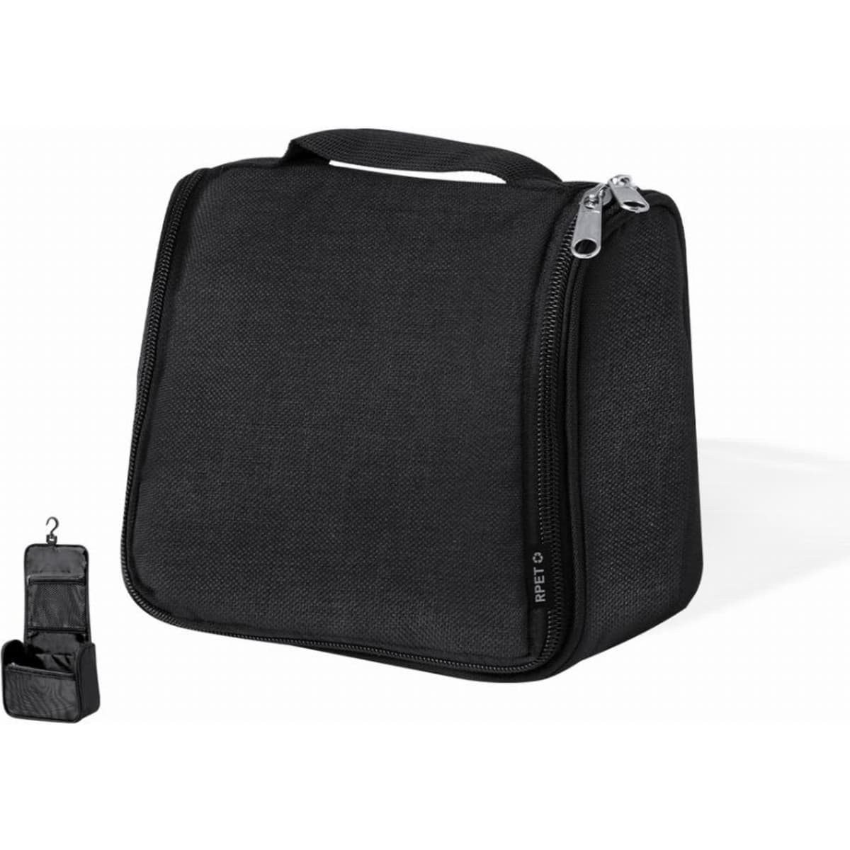 A black zippered toiletry bag with a handle and a hanging feature, showcasing a compact design.