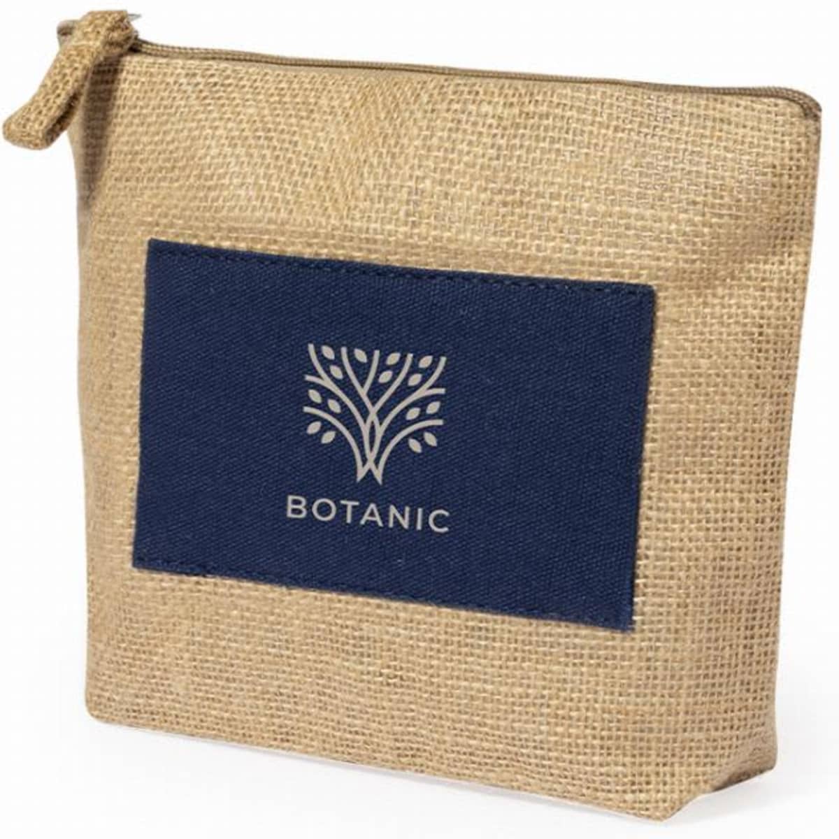 A small jute pouch in natural and navy blue, featuring a branding logo on the front.