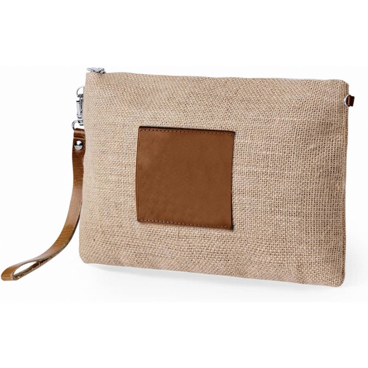 A clutch bag featuring a natural hessian exterior and a brown leather patch, with a detachable wrist strap.