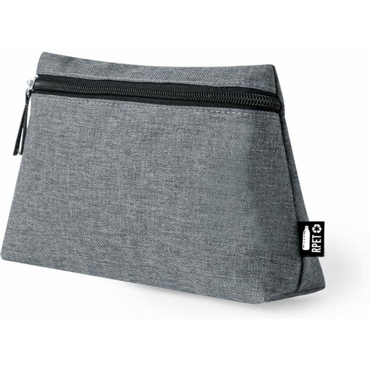 A grey cosmetic bag with a zip fastening, featuring a triangular shape and a branding label on the side.