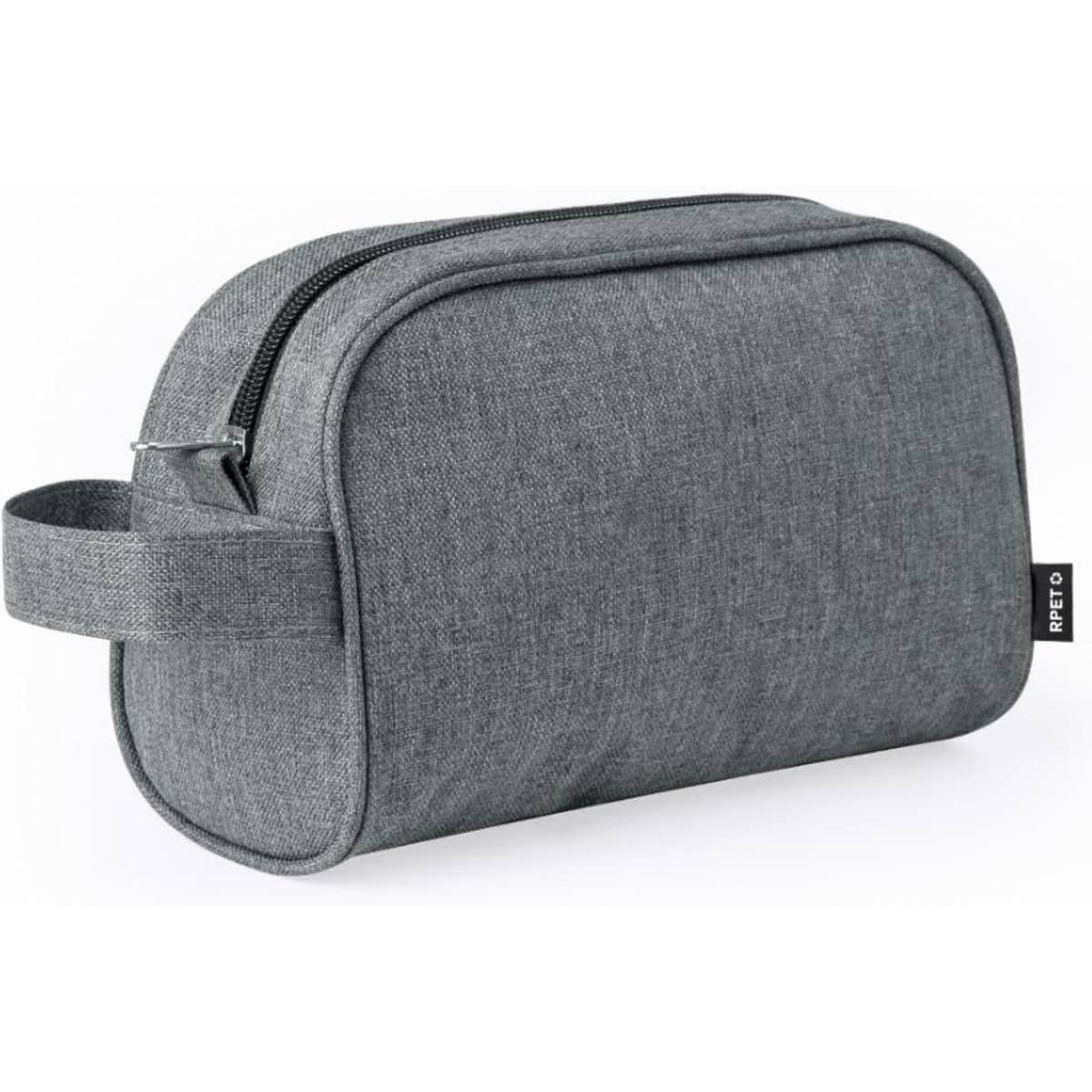 A grey toiletry bag with a zipper and a handle, featuring a simple, modern design. It has a logo on one side.