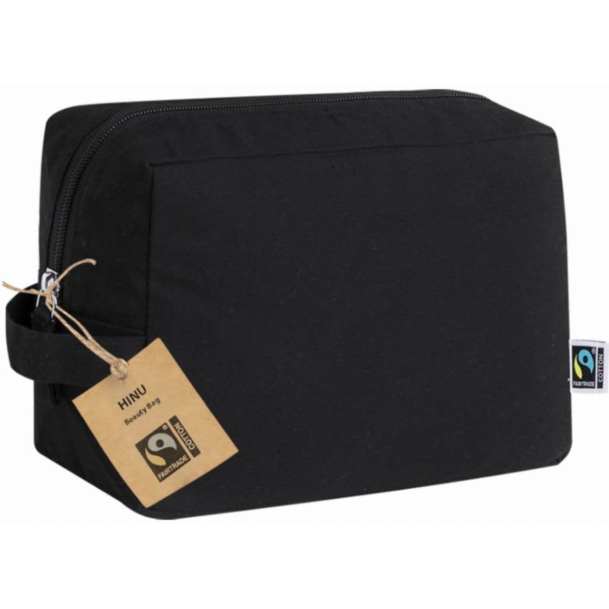 A black travel bag with a zip closure and a handle, featuring a small tag and a logo.