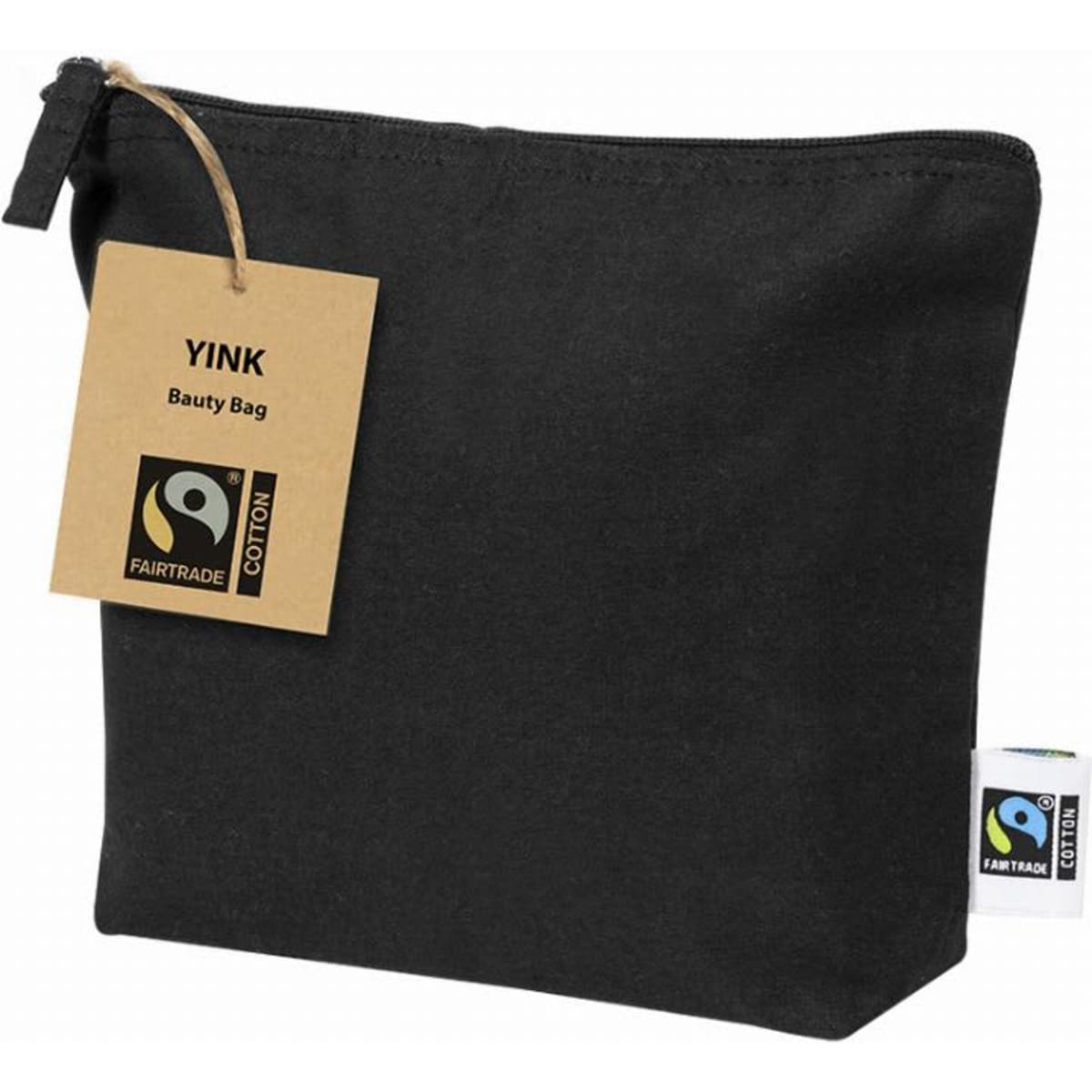 A black cosmetic bag with a zip closure and a tag attached, featuring a branding logo.
