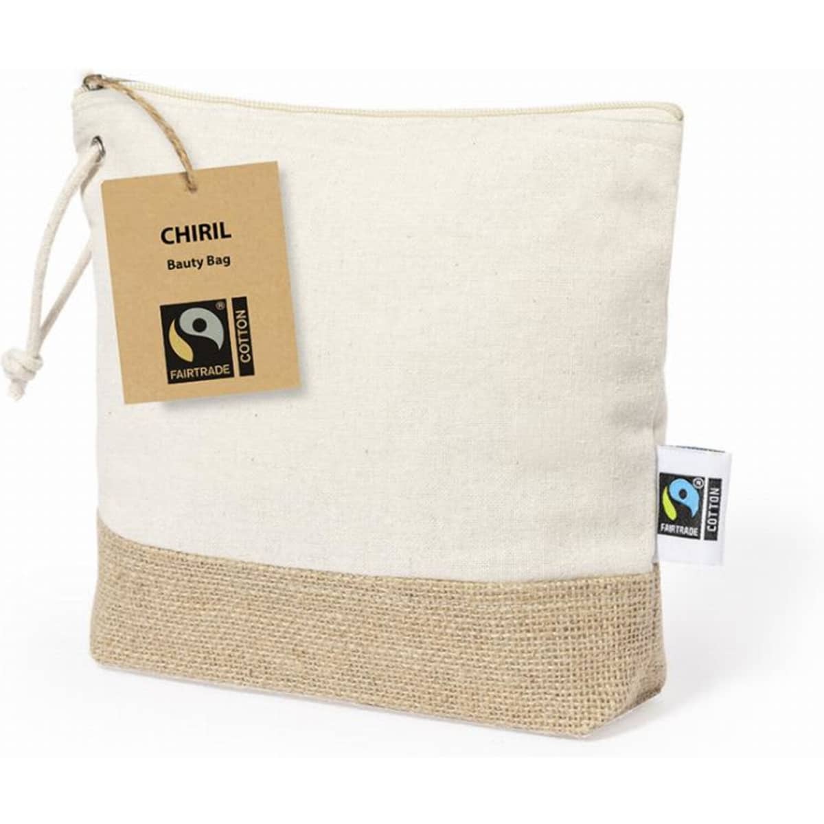 A cotton beauty bag in cream and natural jute with a drawstring closure, featuring a logo and a tag.