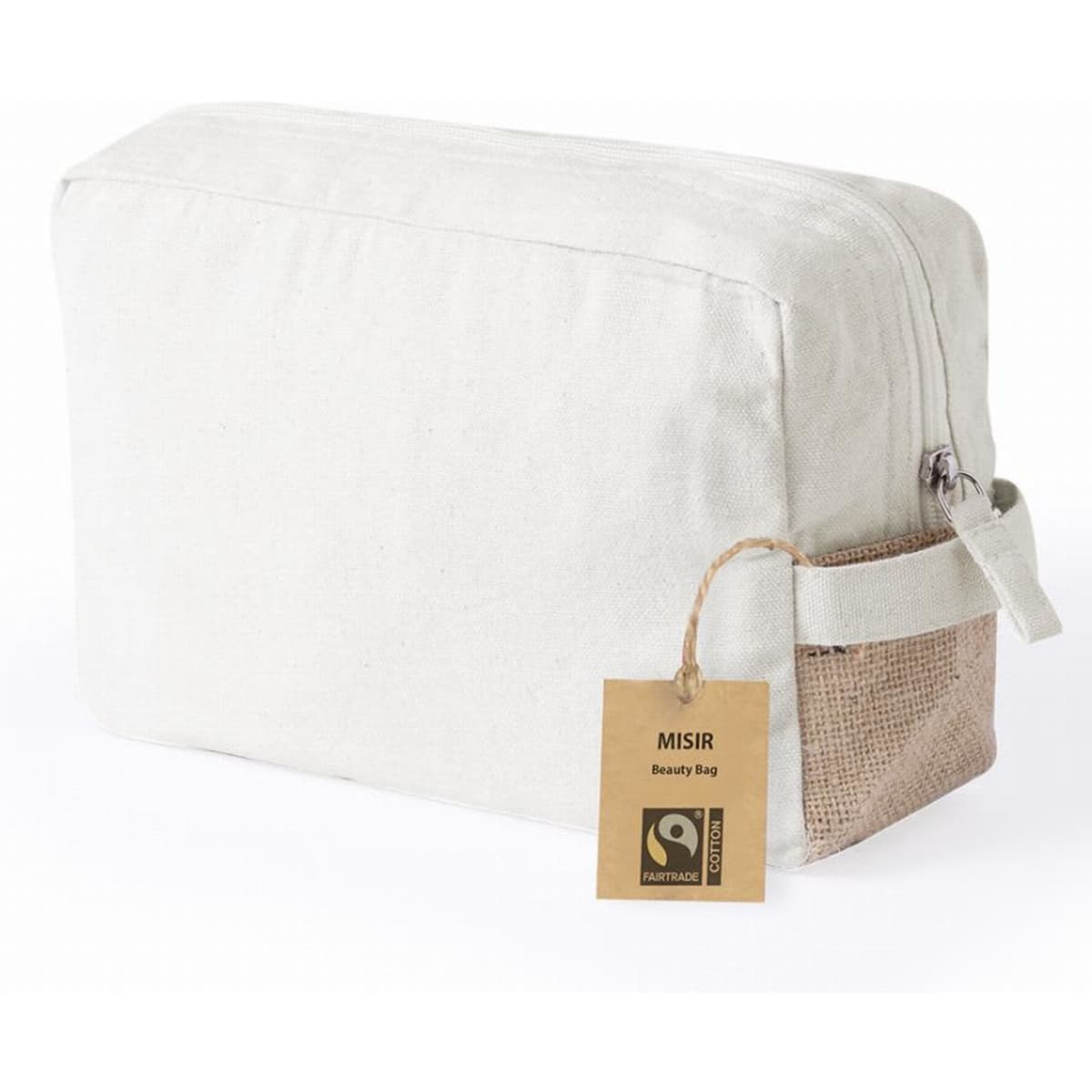 A beauty bag in cream and natural tones, made with Fairtrade materials, featuring a zip and a branded tag.