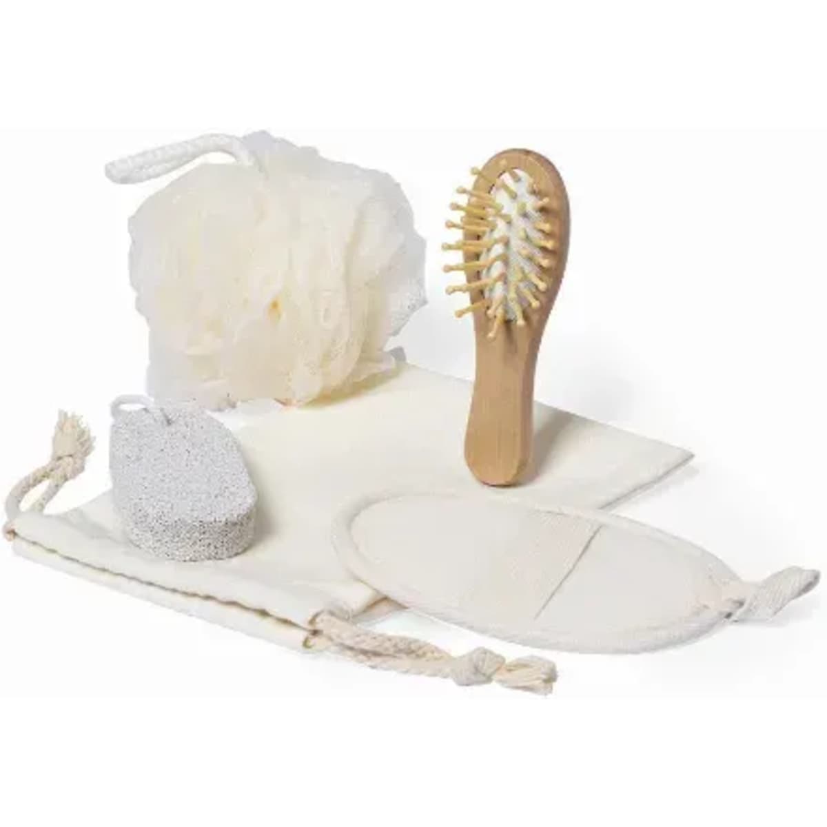 A bath set featuring a loofah, wooden brush, exfoliating sponge, and two cotton pouches in neutral tones.