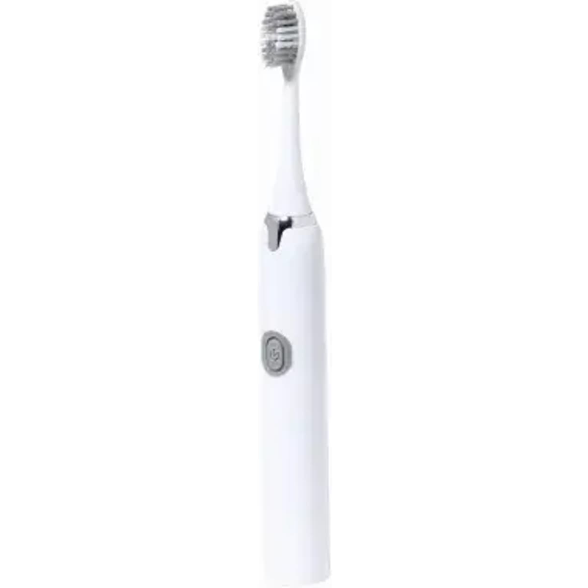 A white electric toothbrush featuring a sleek design and a grey button, with a small brush head.