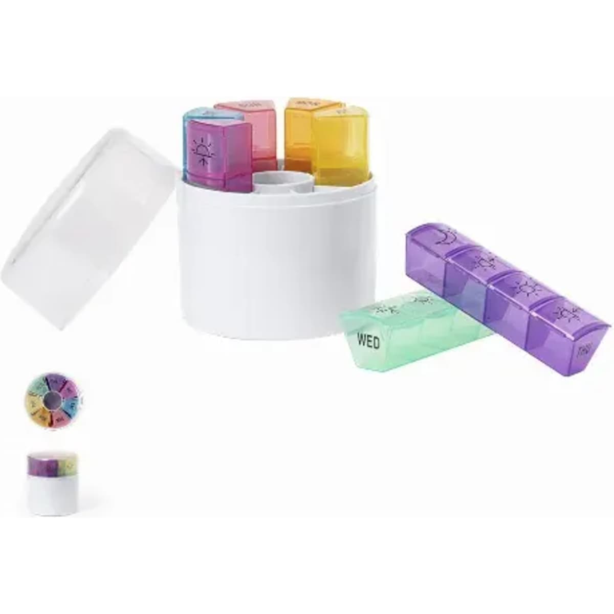 A pill organiser featuring a round white container with colourful compartments for different days of the week.