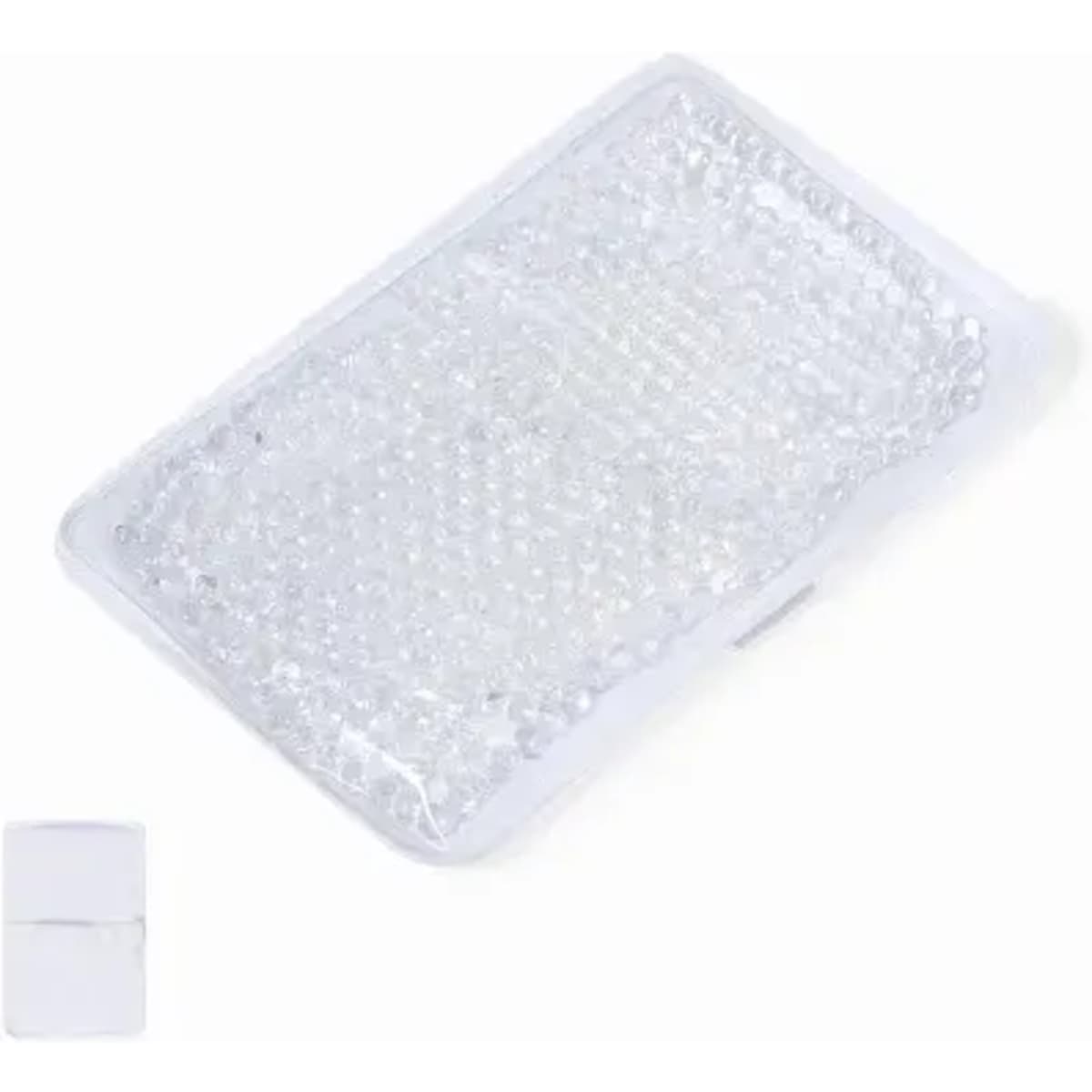 A rectangular, clear gel pack with a textured surface, accompanied by a small white container.