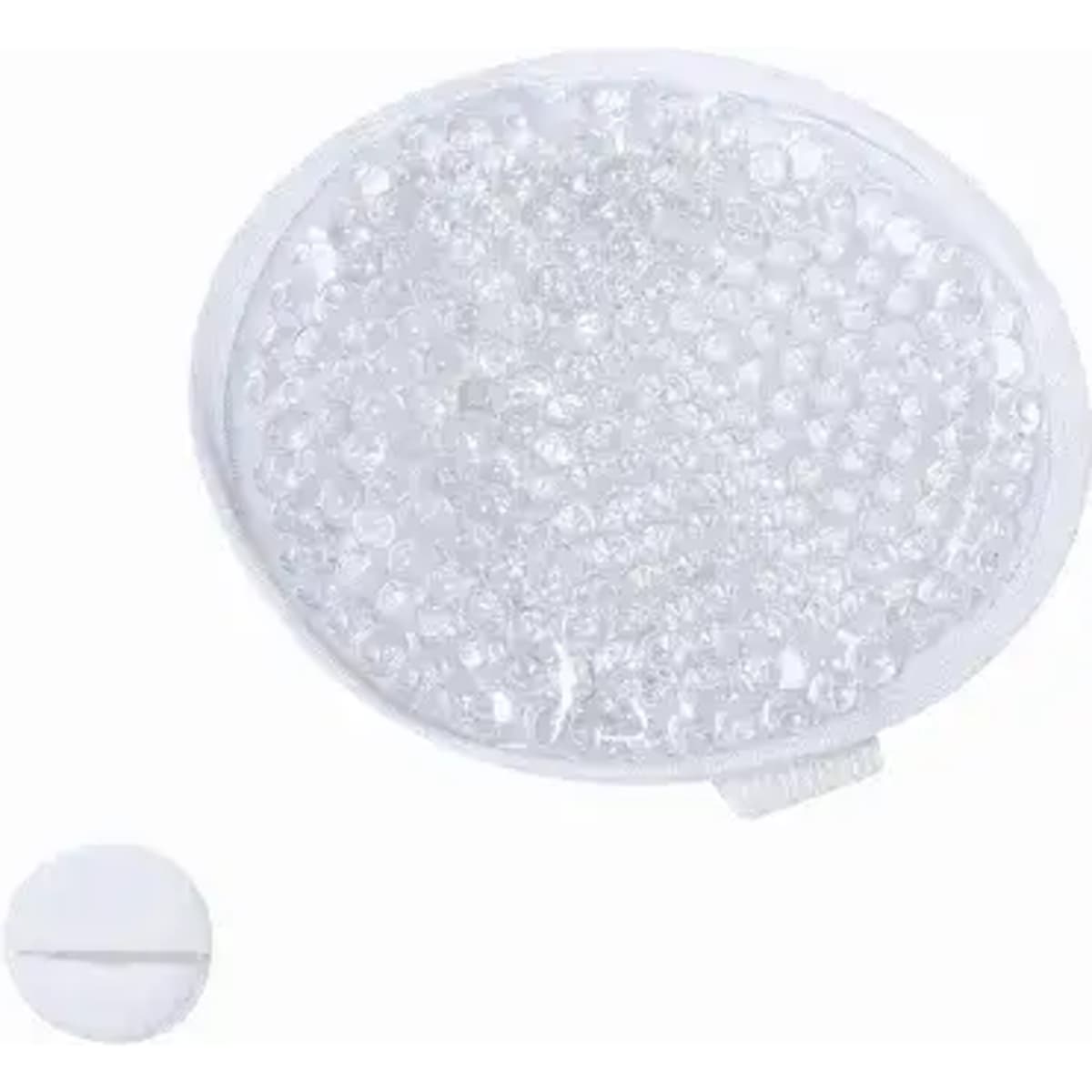 A round, white gel pack with a textured surface, designed for therapeutic use. A small disc is also included.