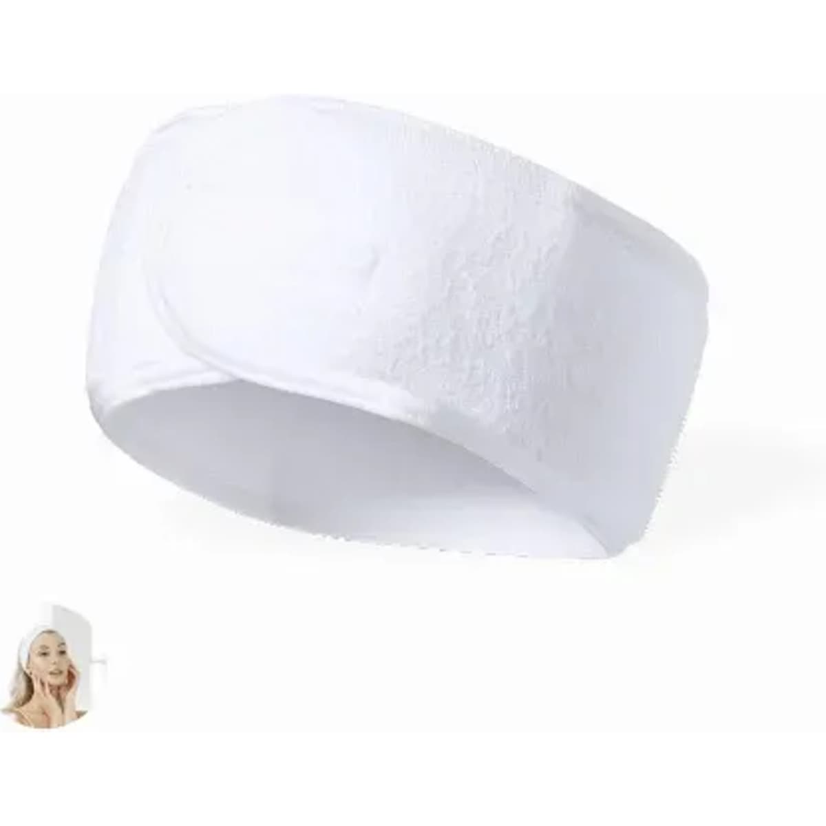 A white headband made of soft fabric, featuring a simple design and a logo.