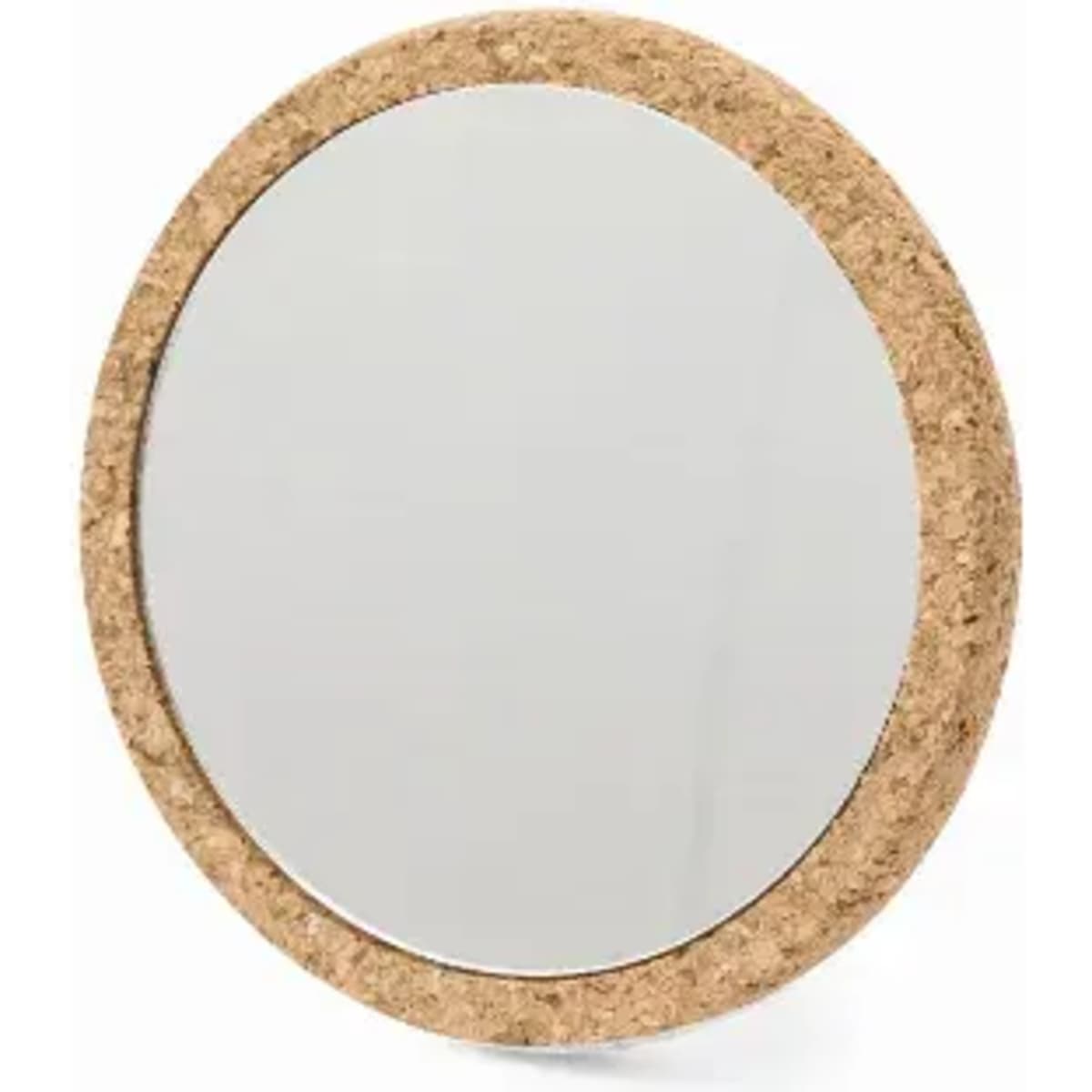 A round mirror with a cork frame, featuring a simple and minimalist design. The frame is light brown in colour.